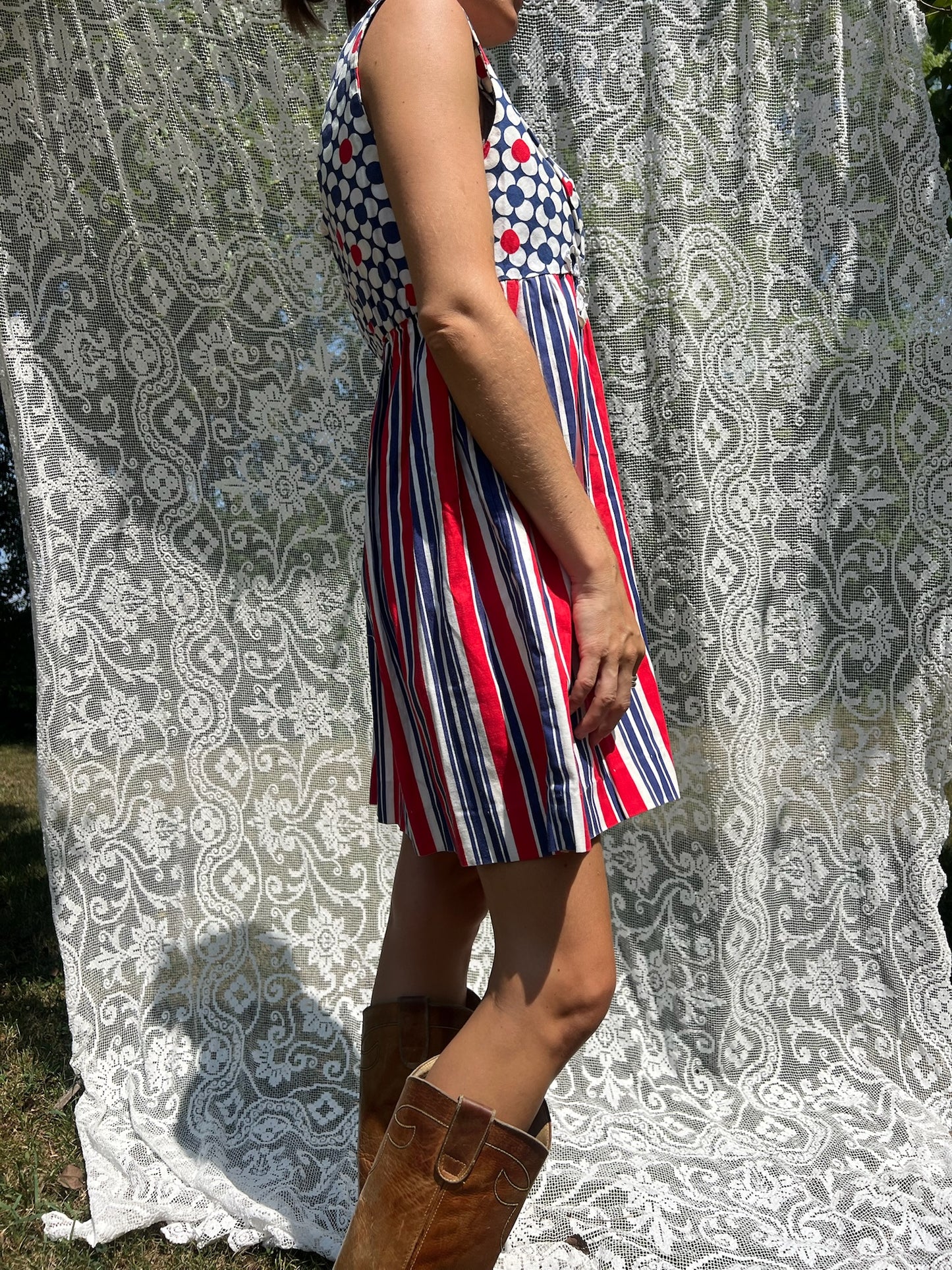 60s Red + Blue + White Striped Floral Mini