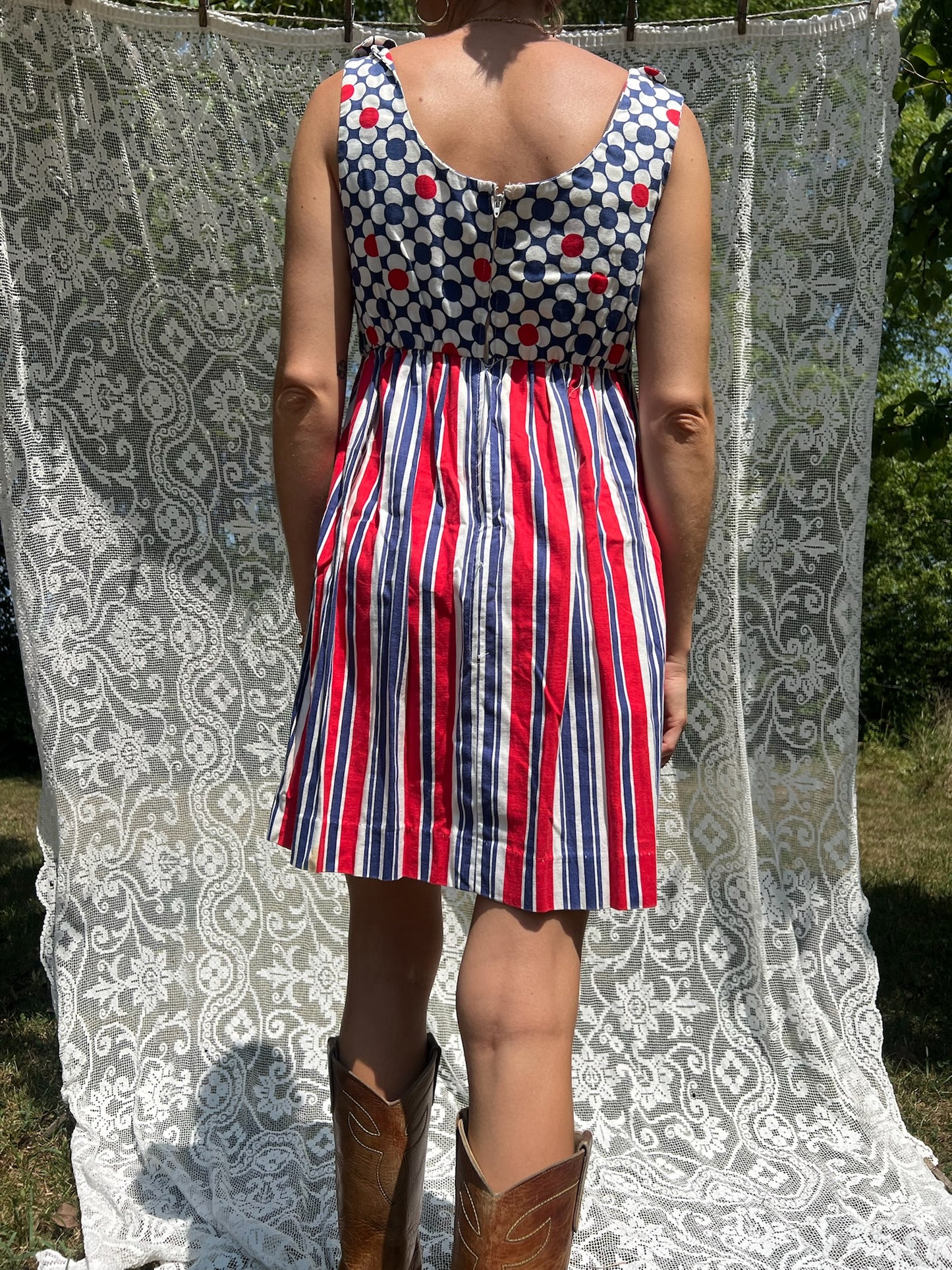 60s Red + Blue + White Striped Floral Mini