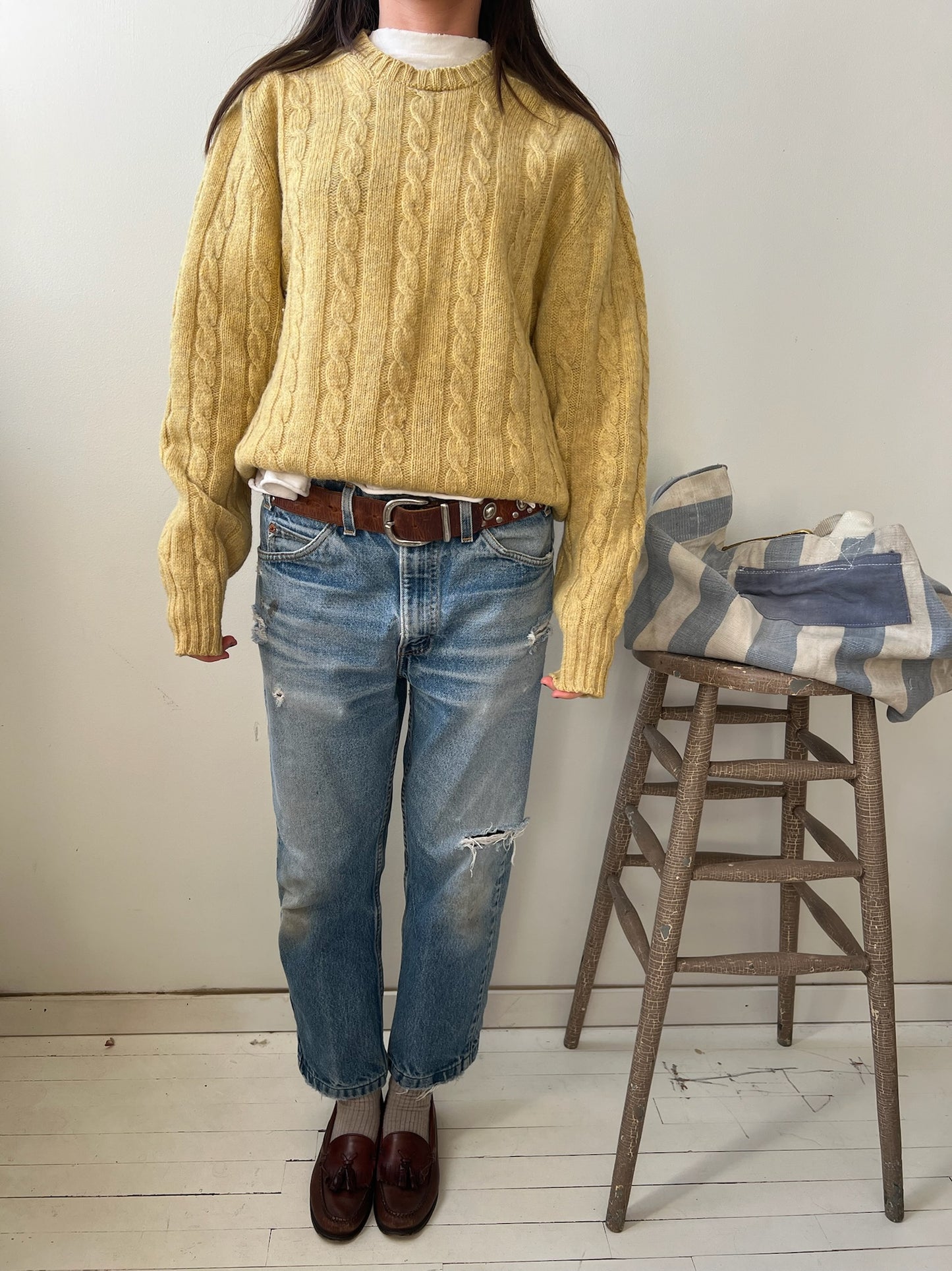 Pale Yellow Cable-Knit Wool Sweater
