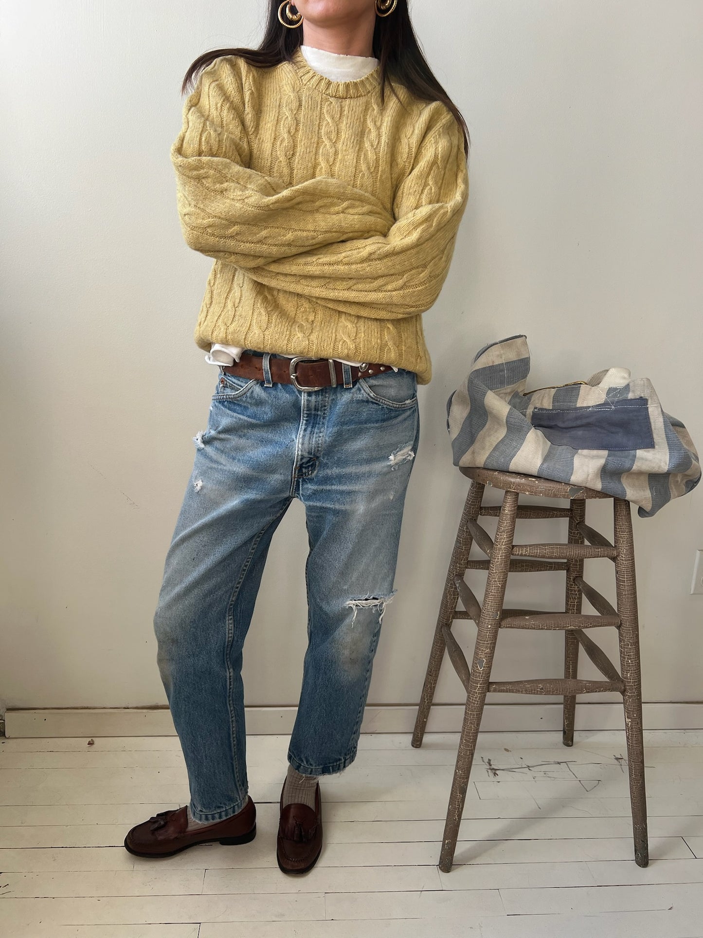 Pale Yellow Cable-Knit Wool Sweater