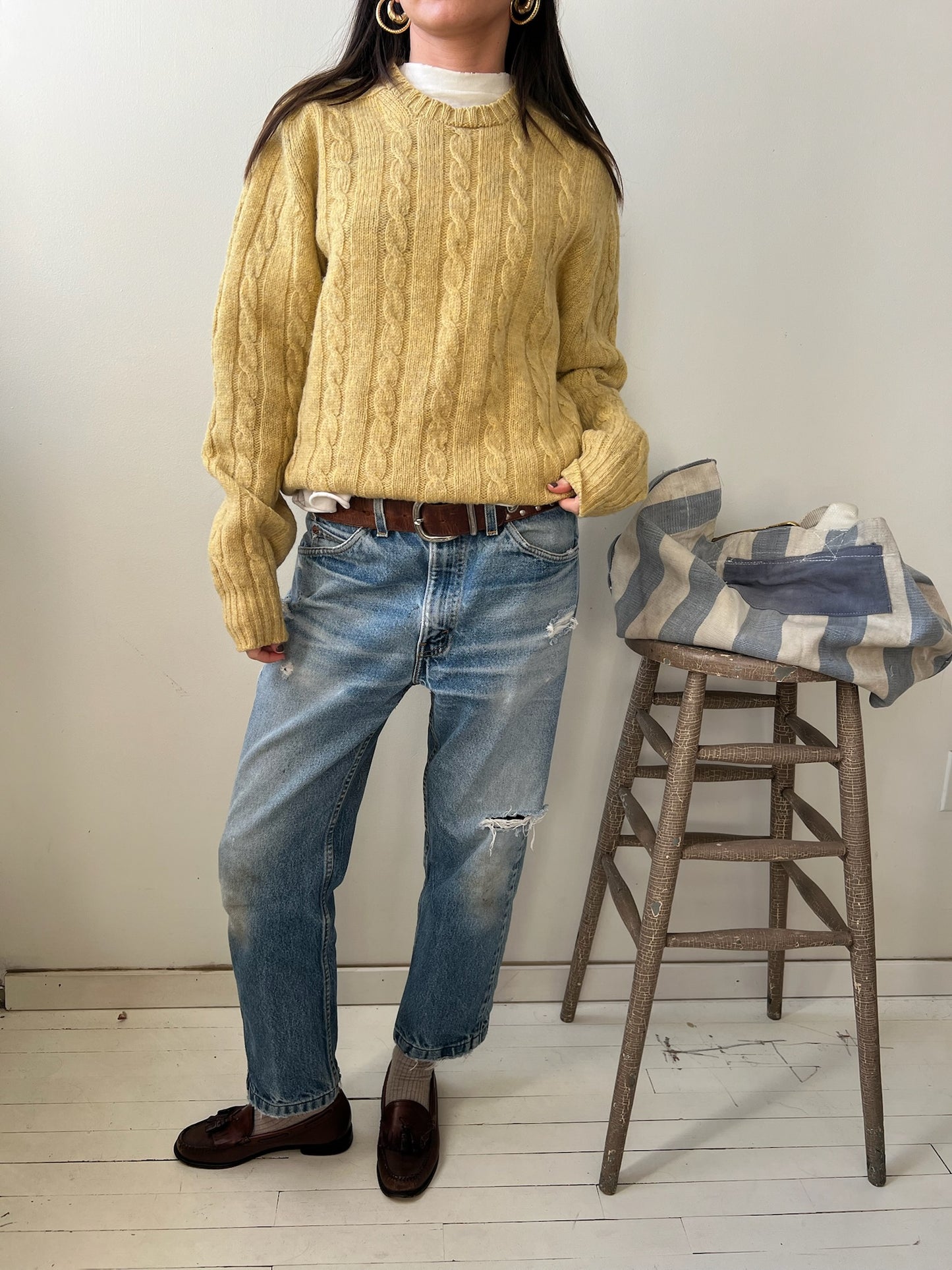 Pale Yellow Cable-Knit Wool Sweater