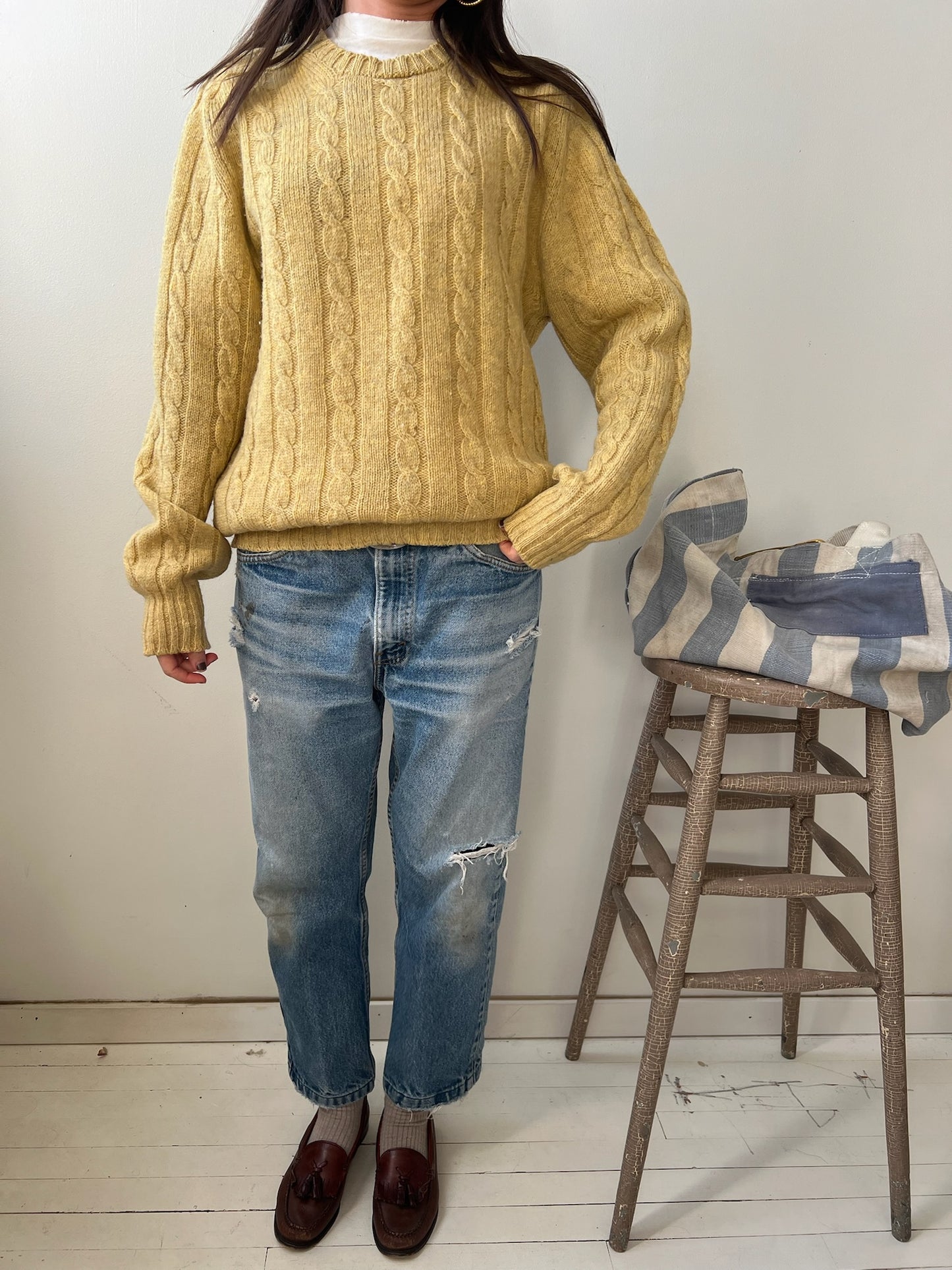 Pale Yellow Cable-Knit Wool Sweater