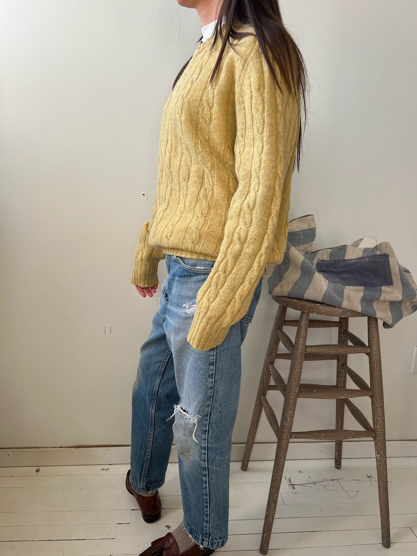 Pale Yellow Cable-Knit Wool Sweater