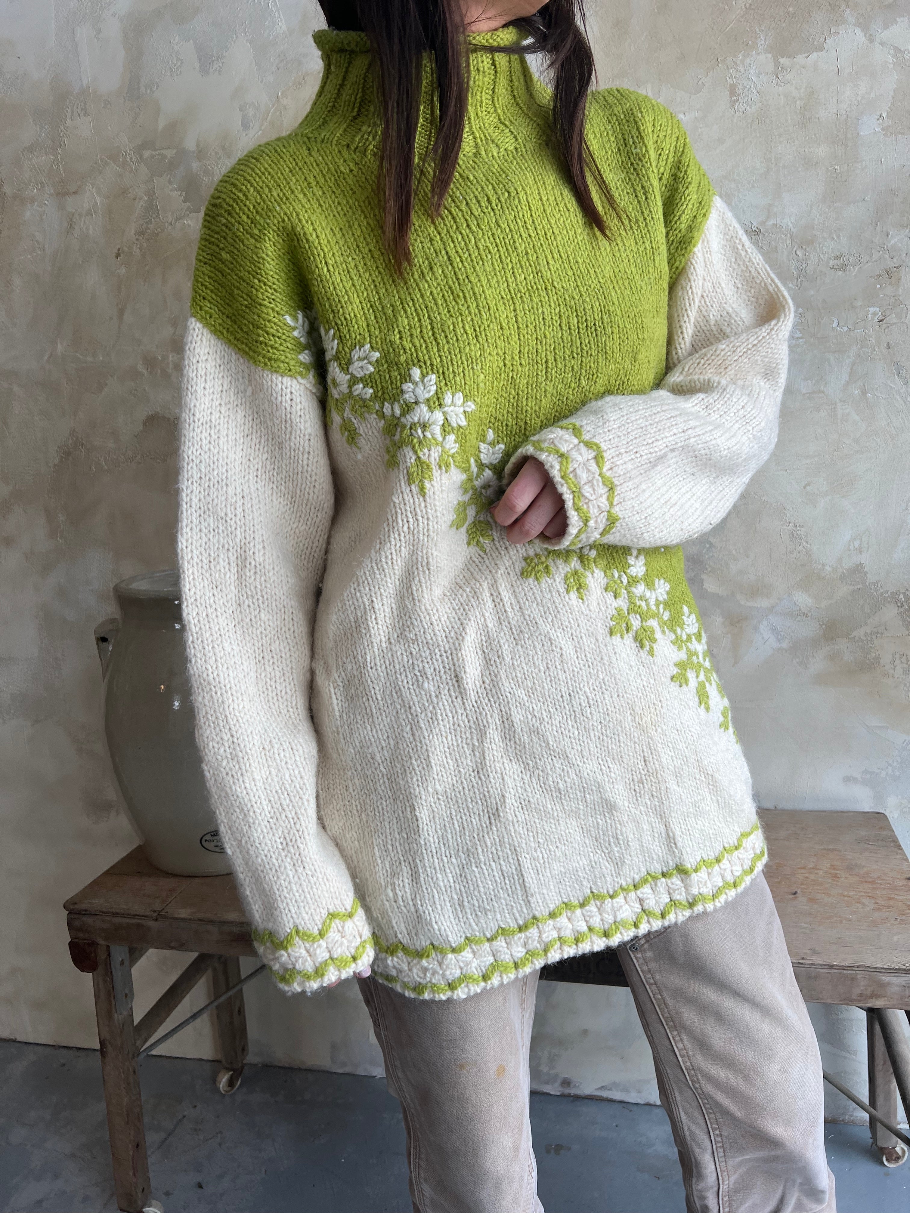 Green + Cream Floral Wool Sweater