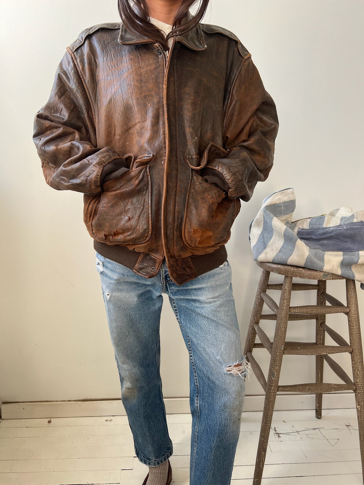Faded + Worn Brown leather Bomber Jacket