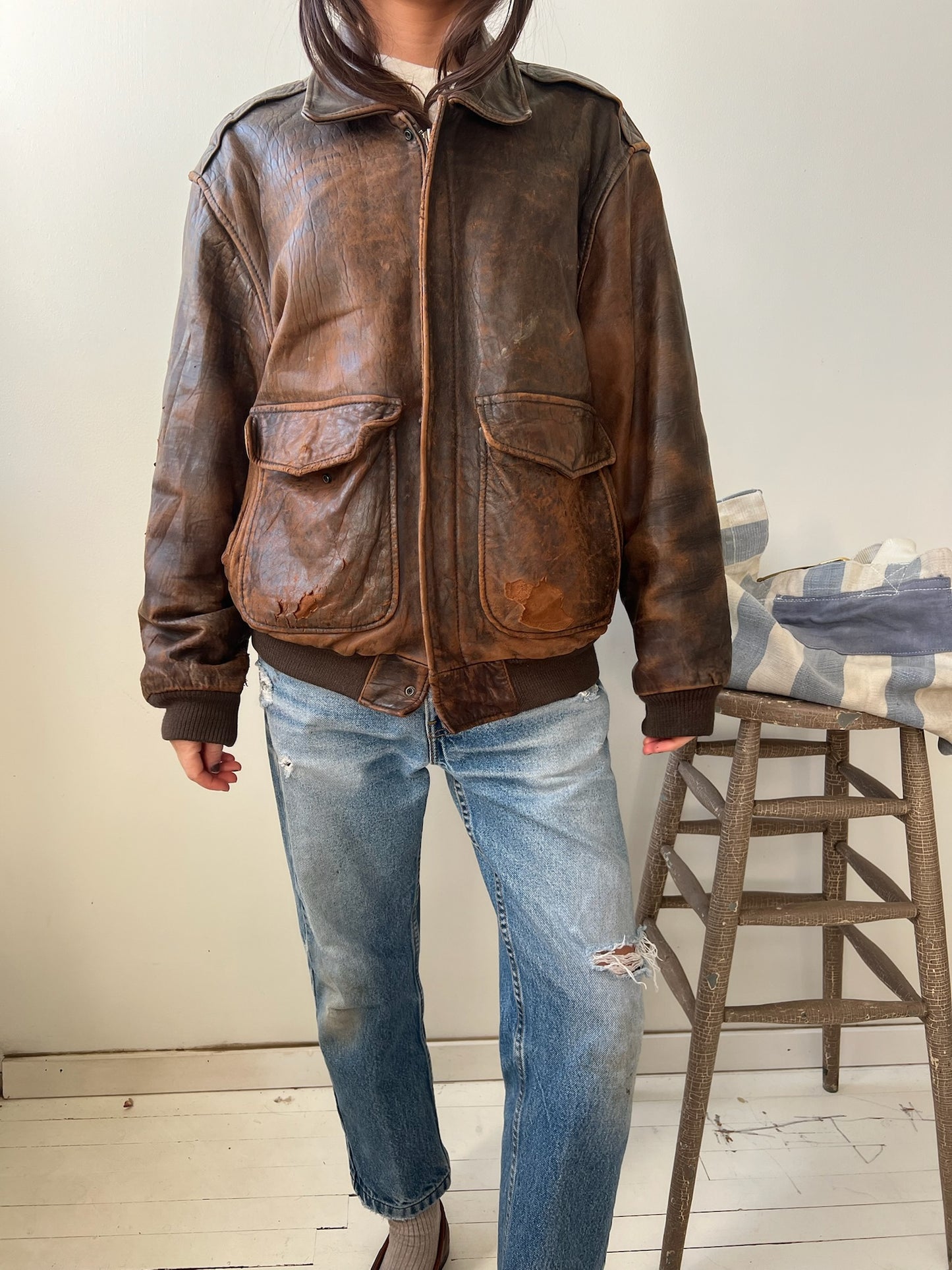 Faded + Worn Brown leather Bomber Jacket