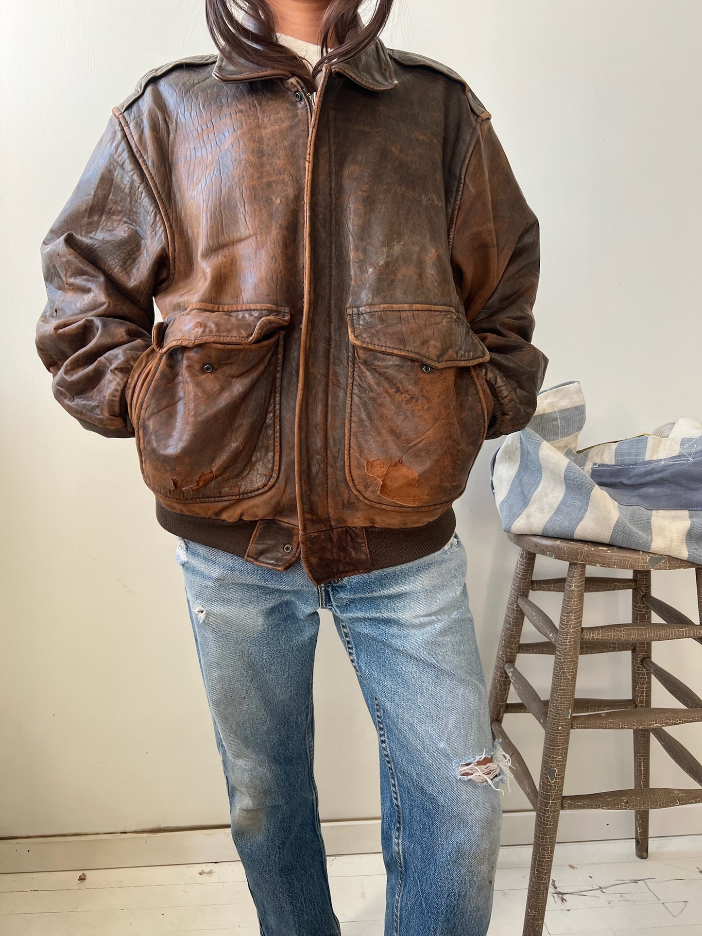Faded + Worn Brown leather Bomber Jacket