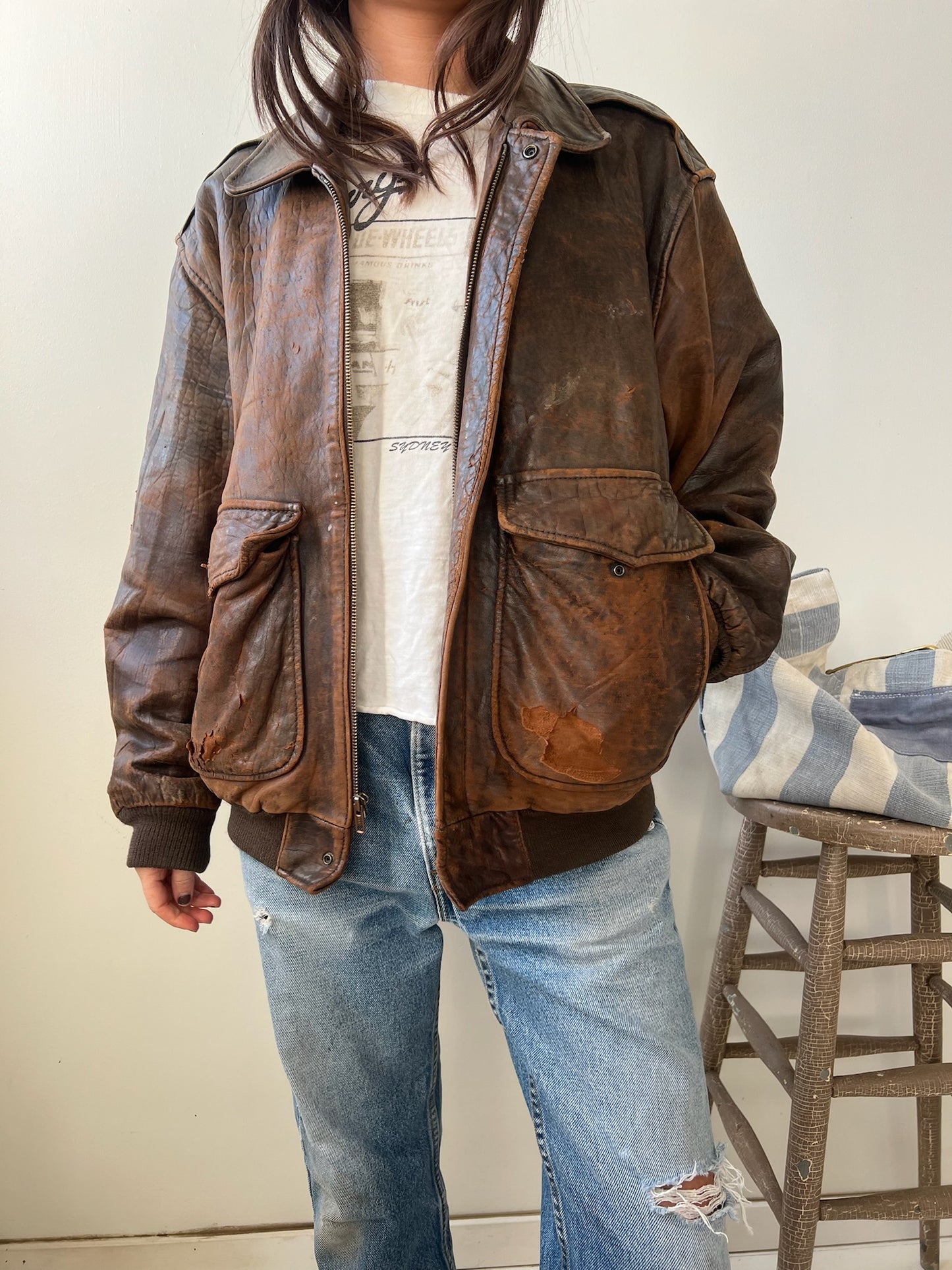 Faded + Worn Brown leather Bomber Jacket