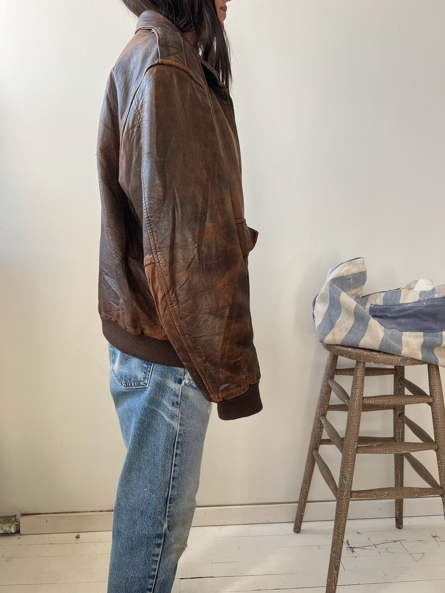 Faded + Worn Brown leather Bomber Jacket