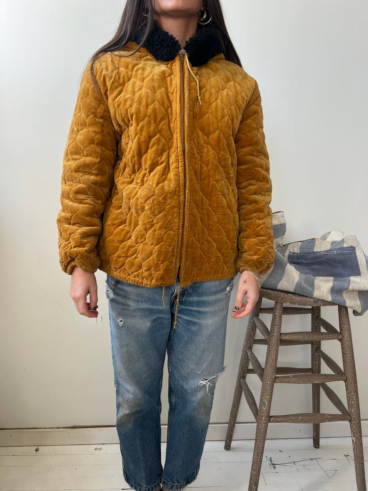 Mustard Yellow Velour Hooded Jacket