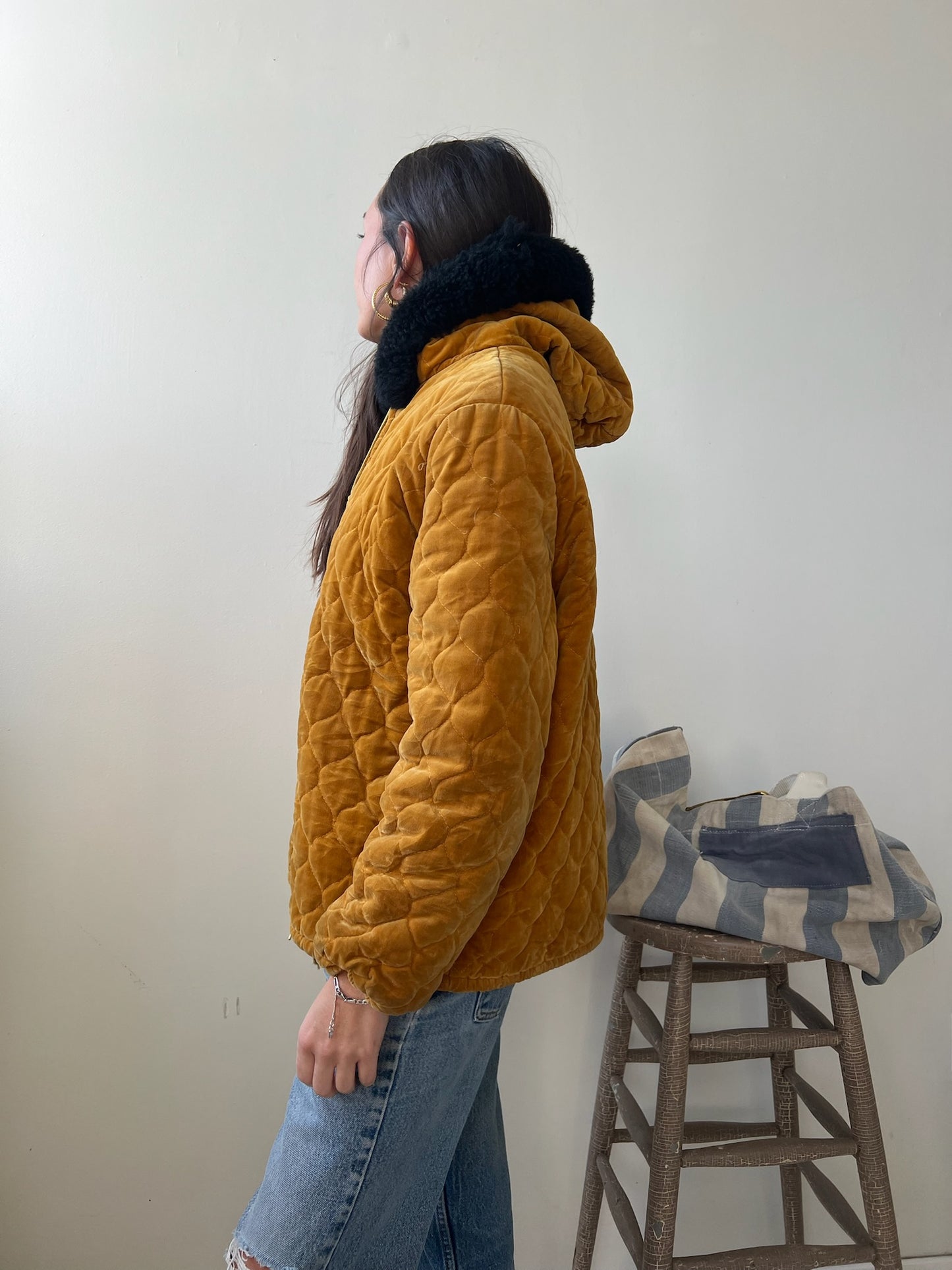 Mustard Yellow Velour Hooded Jacket