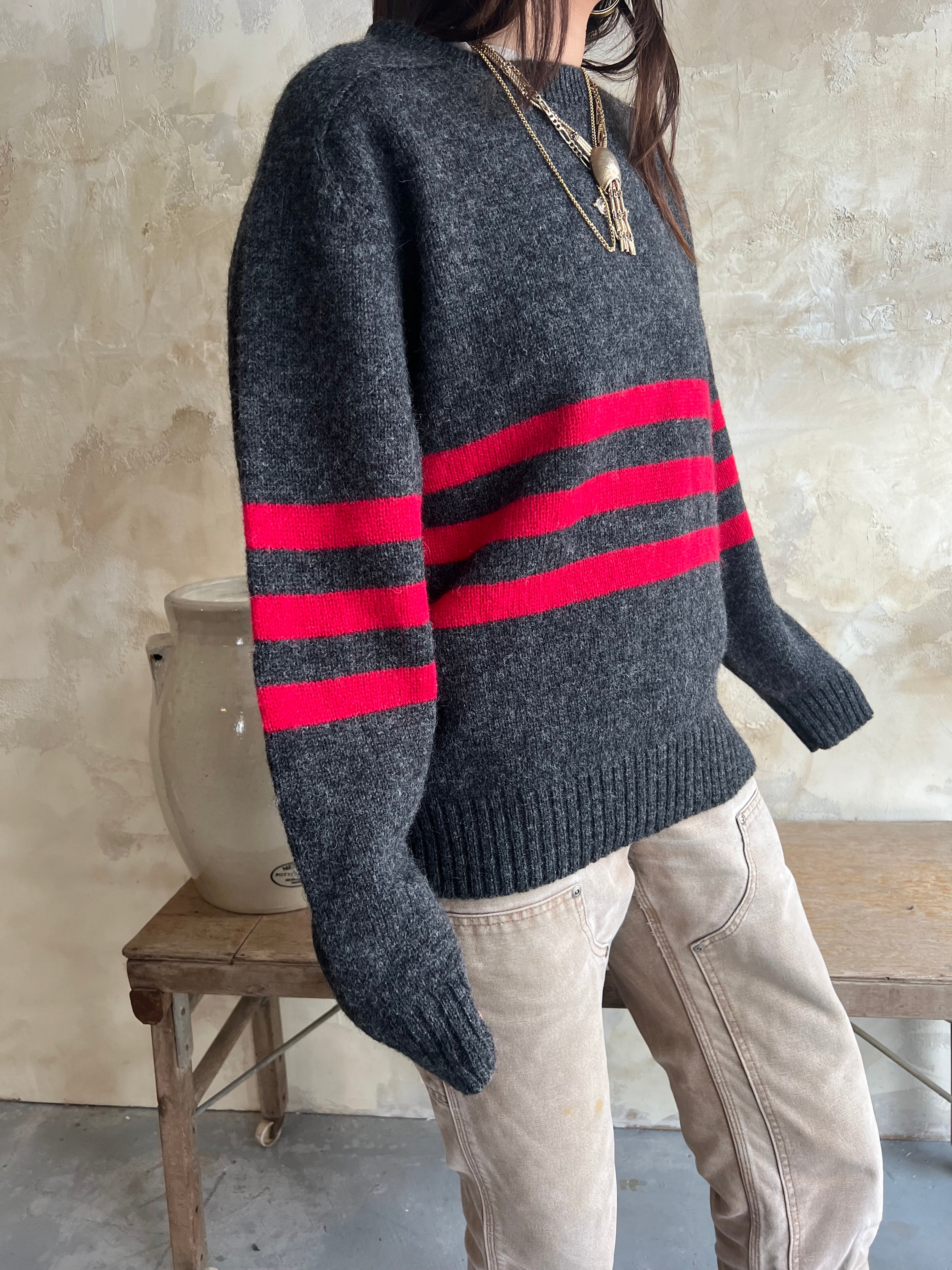 Charcoal Grey + Red Stripe Wool Sweater