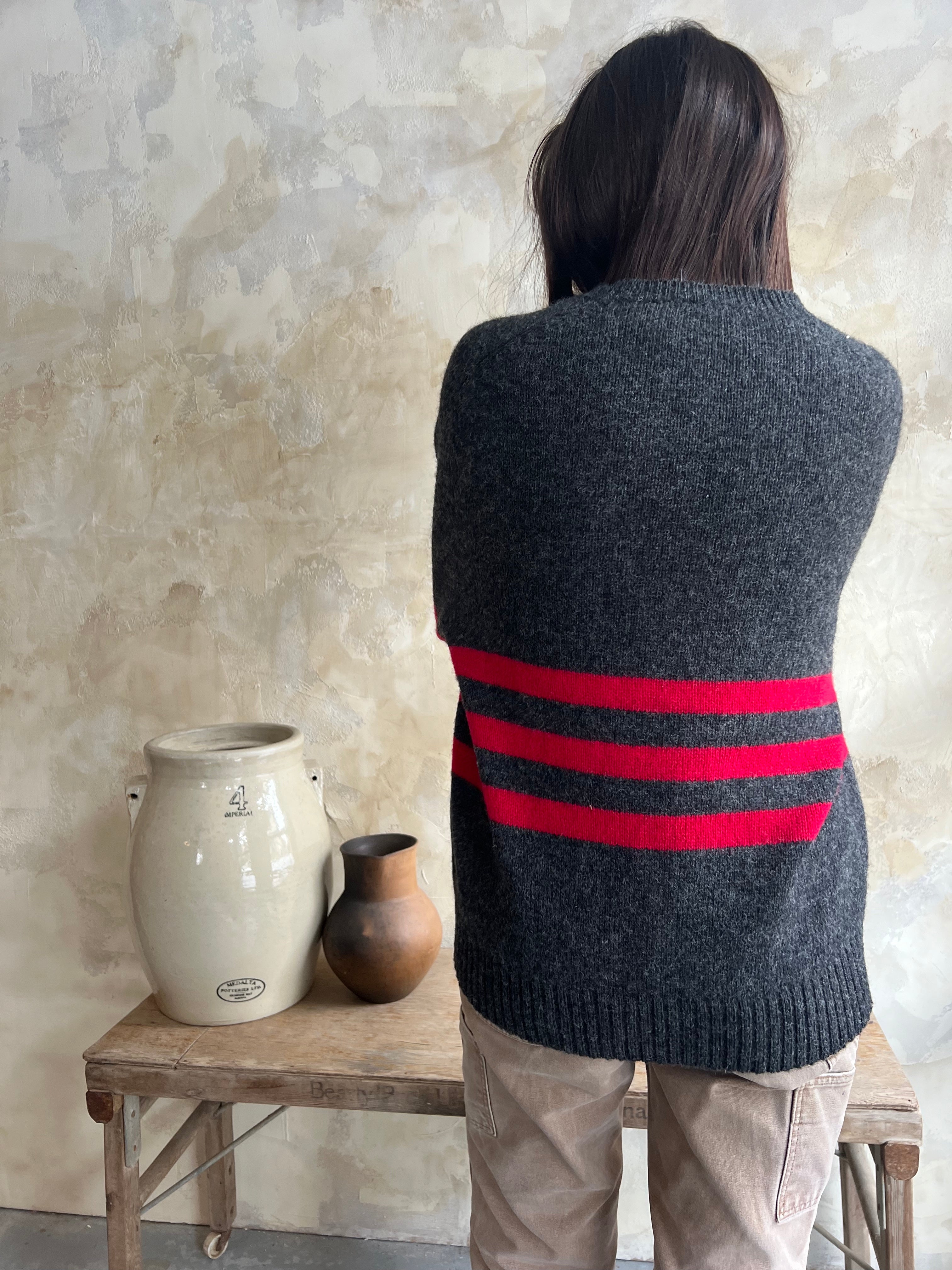 Charcoal Grey + Red Stripe Wool Sweater