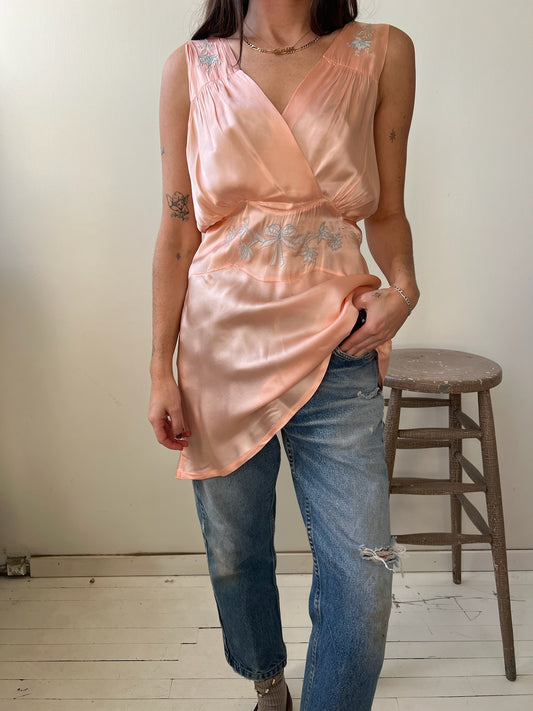 1930s Silk Coral Tank with Blue Floral Details