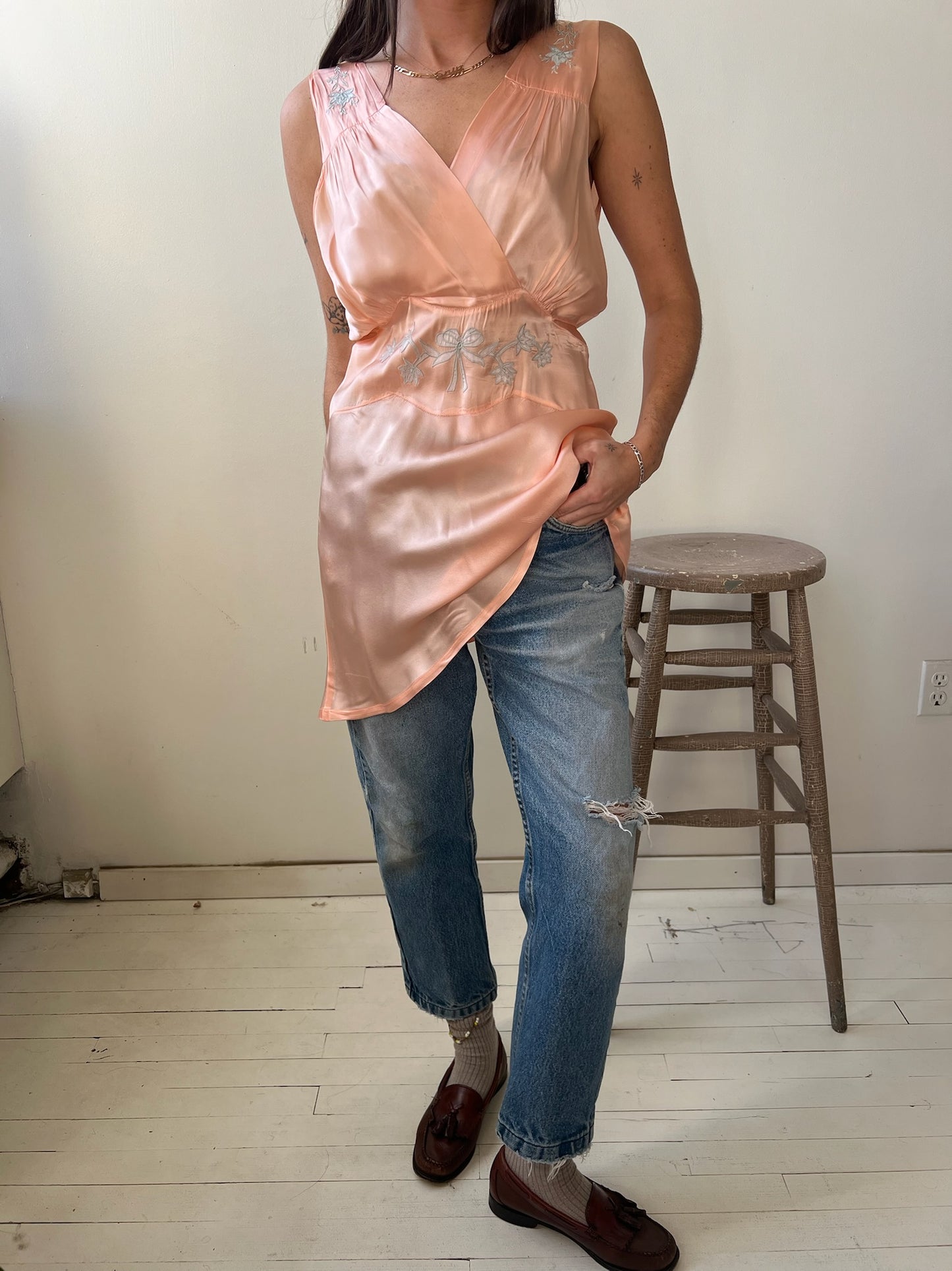 1930s Silk Coral Tank with Blue Floral Details