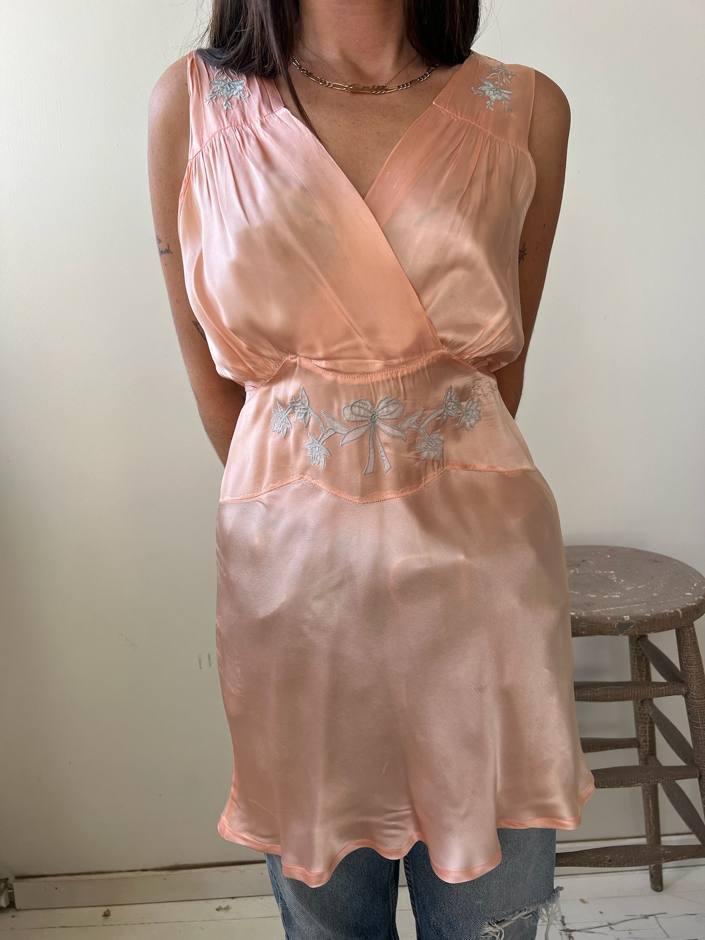 1930s Silk Coral Tank with Blue Floral Details