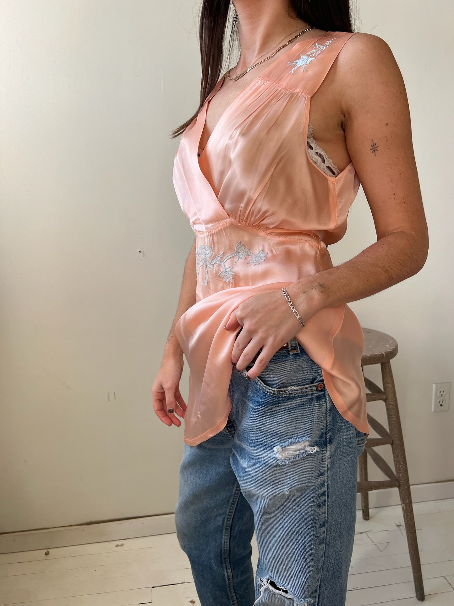 1930s Silk Coral Tank with Blue Floral Details