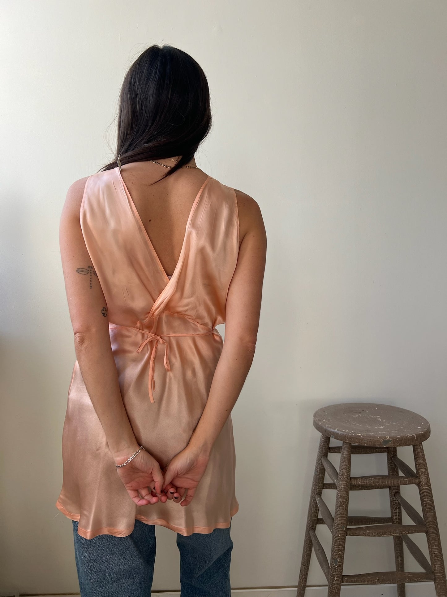 1930s Silk Coral Tank with Blue Floral Details