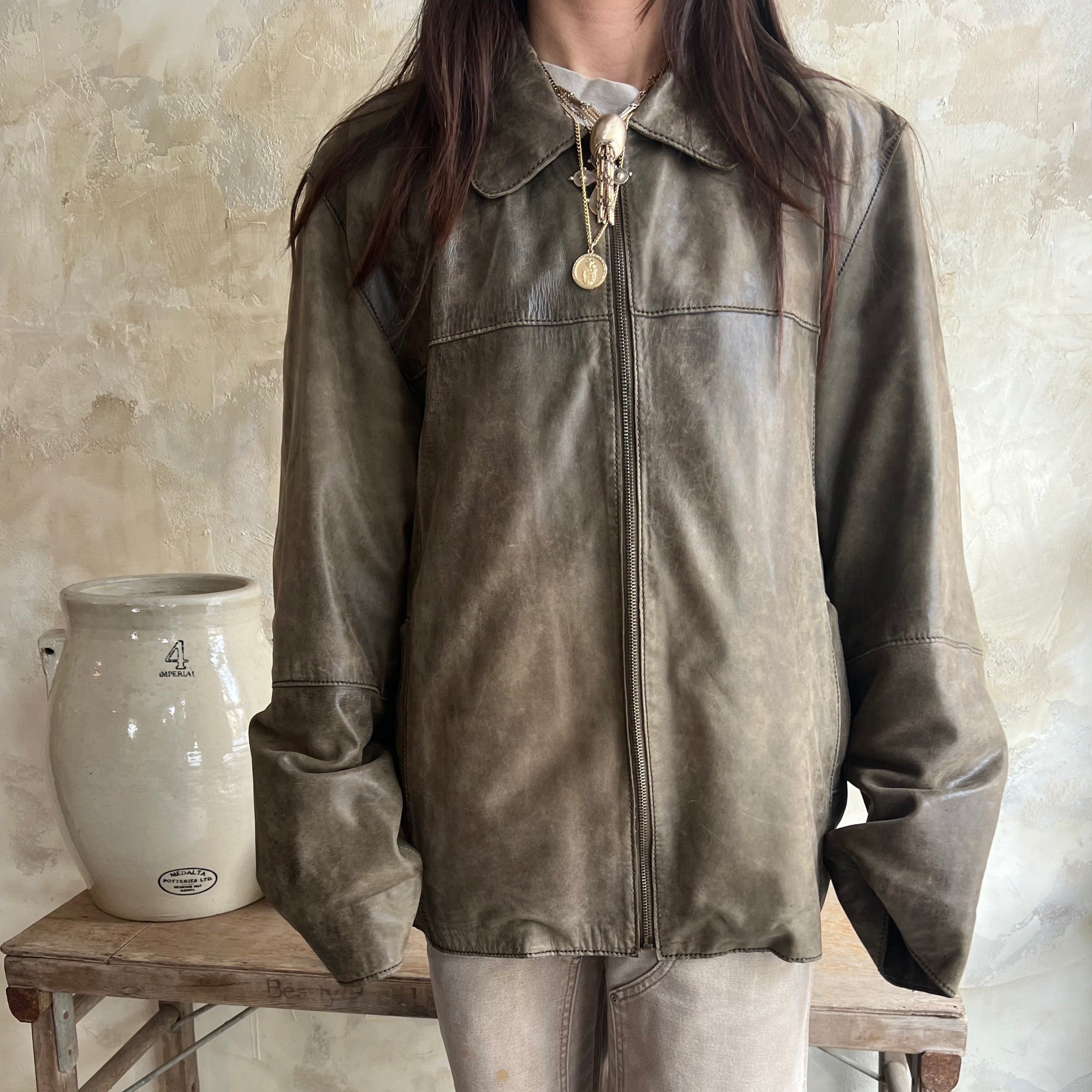 Faded Olive Green  Leather Jacket