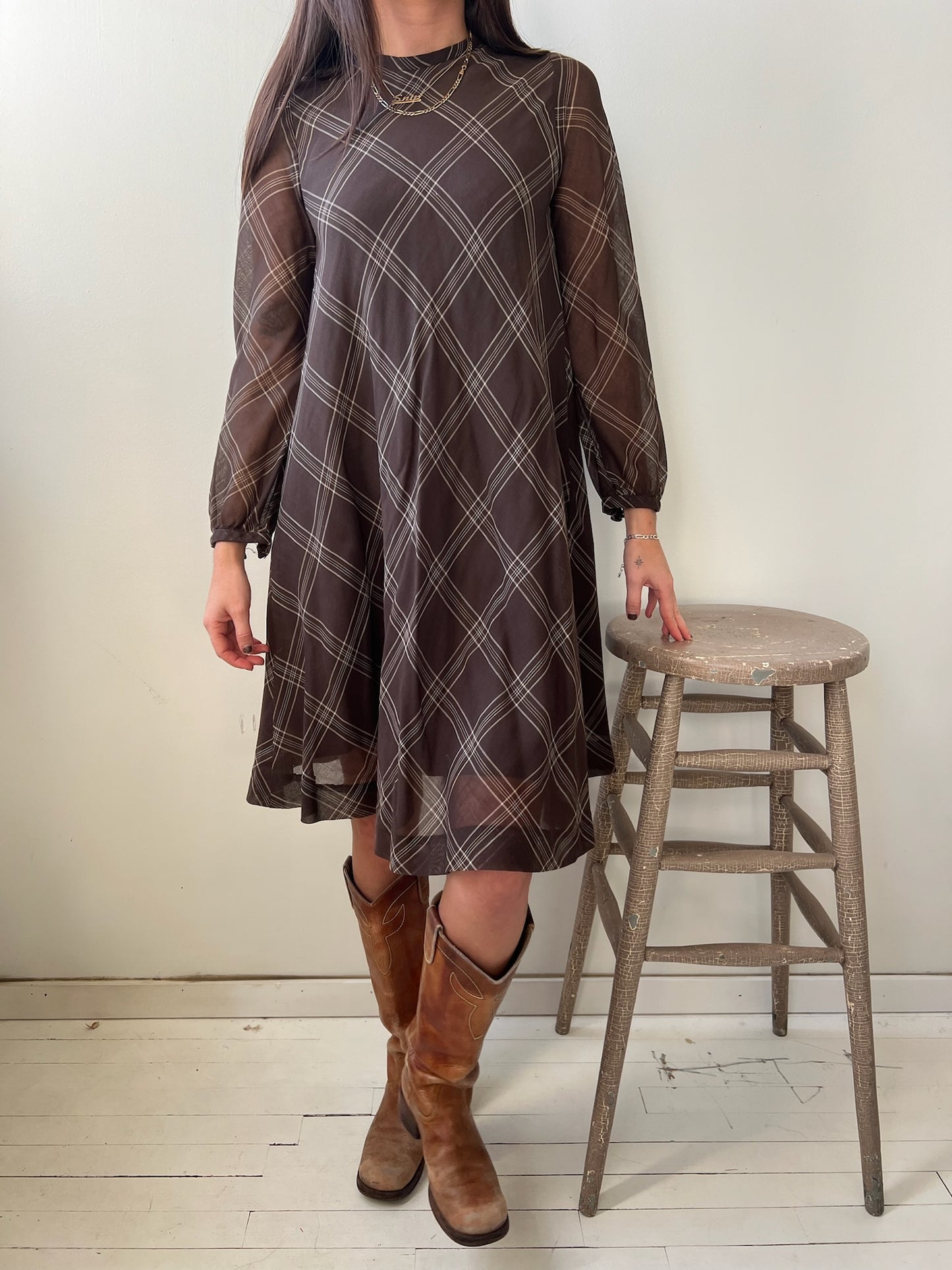 Brown Plaid Cotton Dress