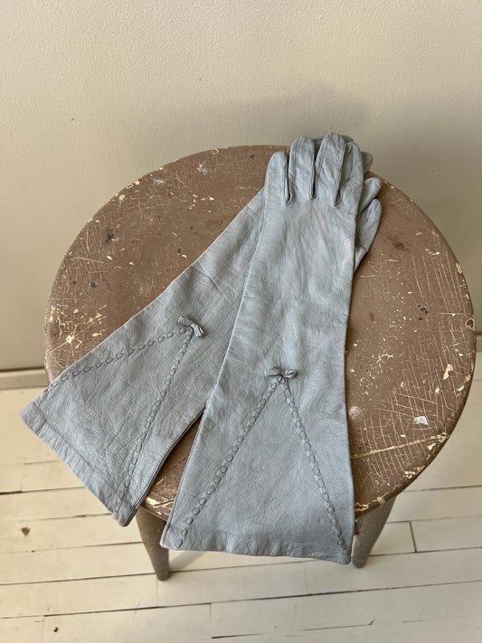 Pale Blue Leather Bow Gloves