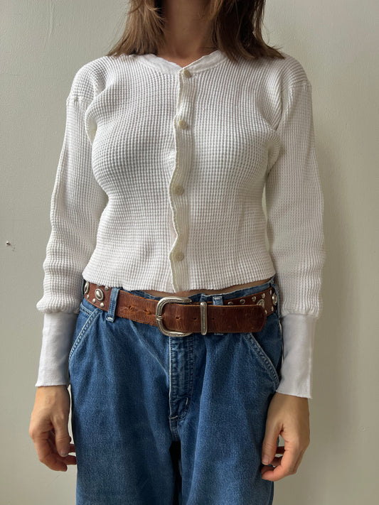 White Cotton Cropped Waffle Thermal