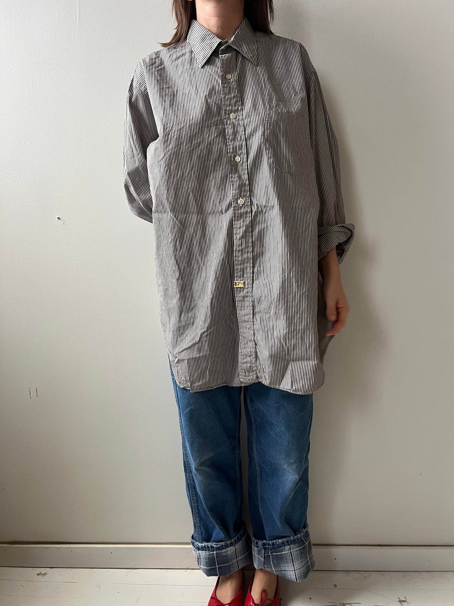 Grey + Taupe Pinstripe Button Up Shirt