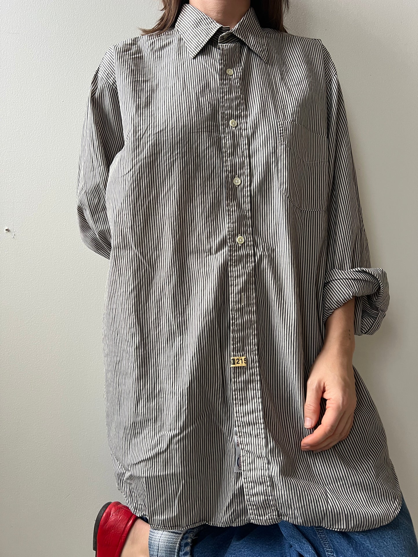 Grey + Taupe Pinstripe Button Up Shirt