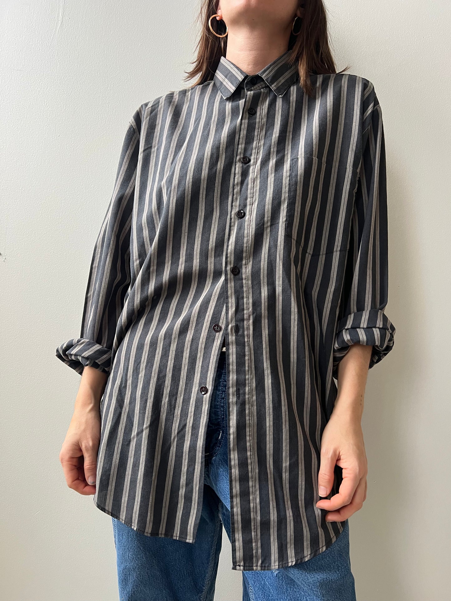 Charcoal + Light Grey Pinstriped Button Up