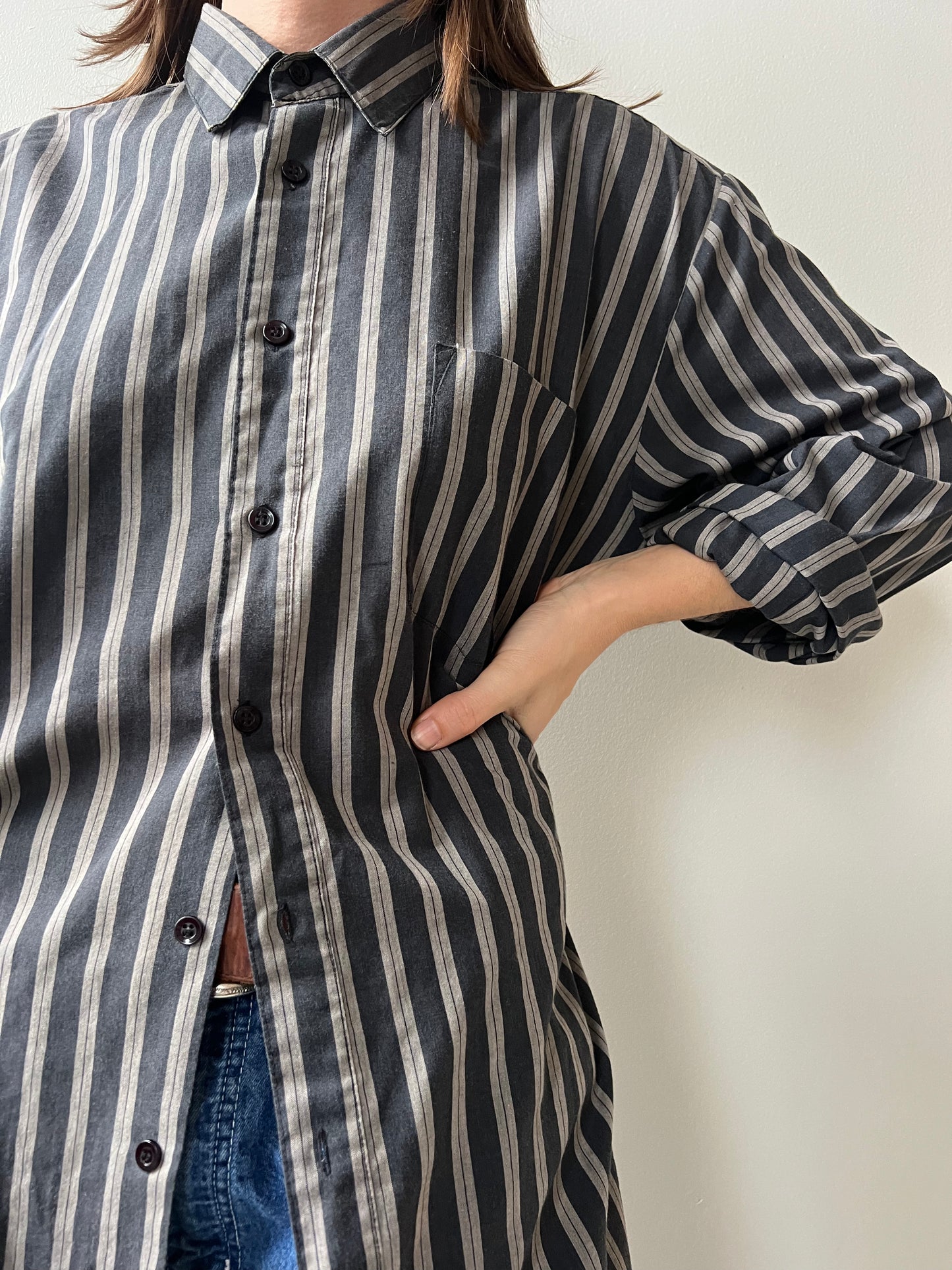Charcoal + Light Grey Pinstriped Button Up