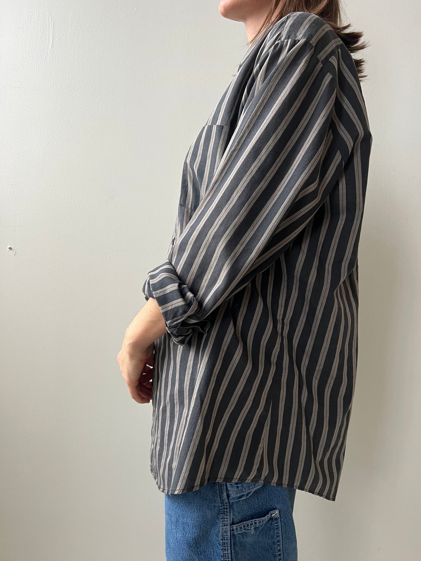 Charcoal + Light Grey Pinstriped Button Up
