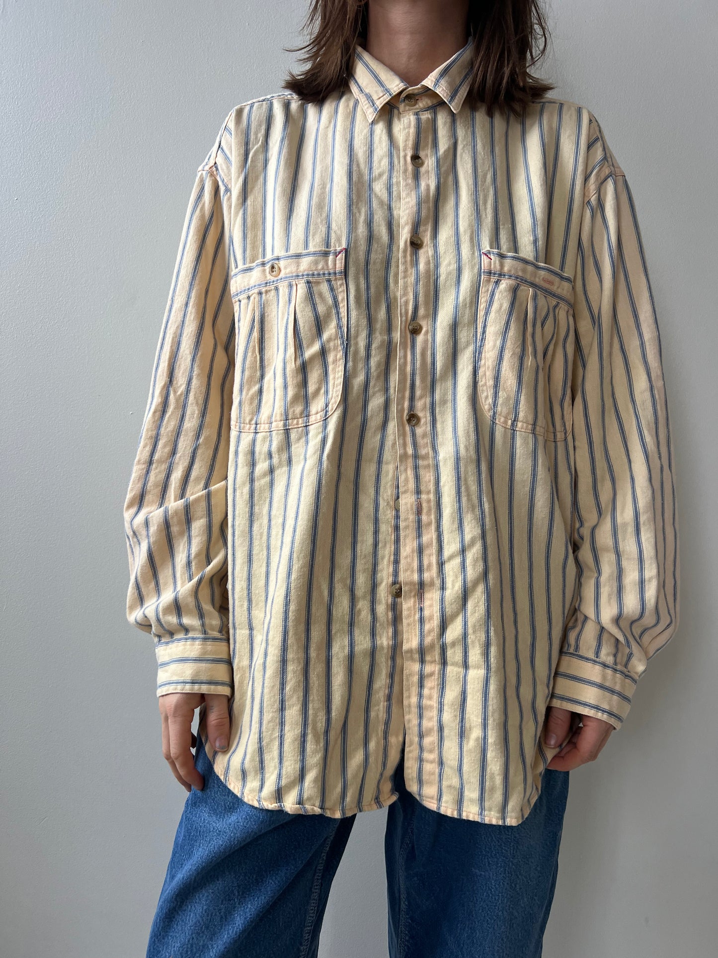 Pinstripe Yellow and Blue Button Up