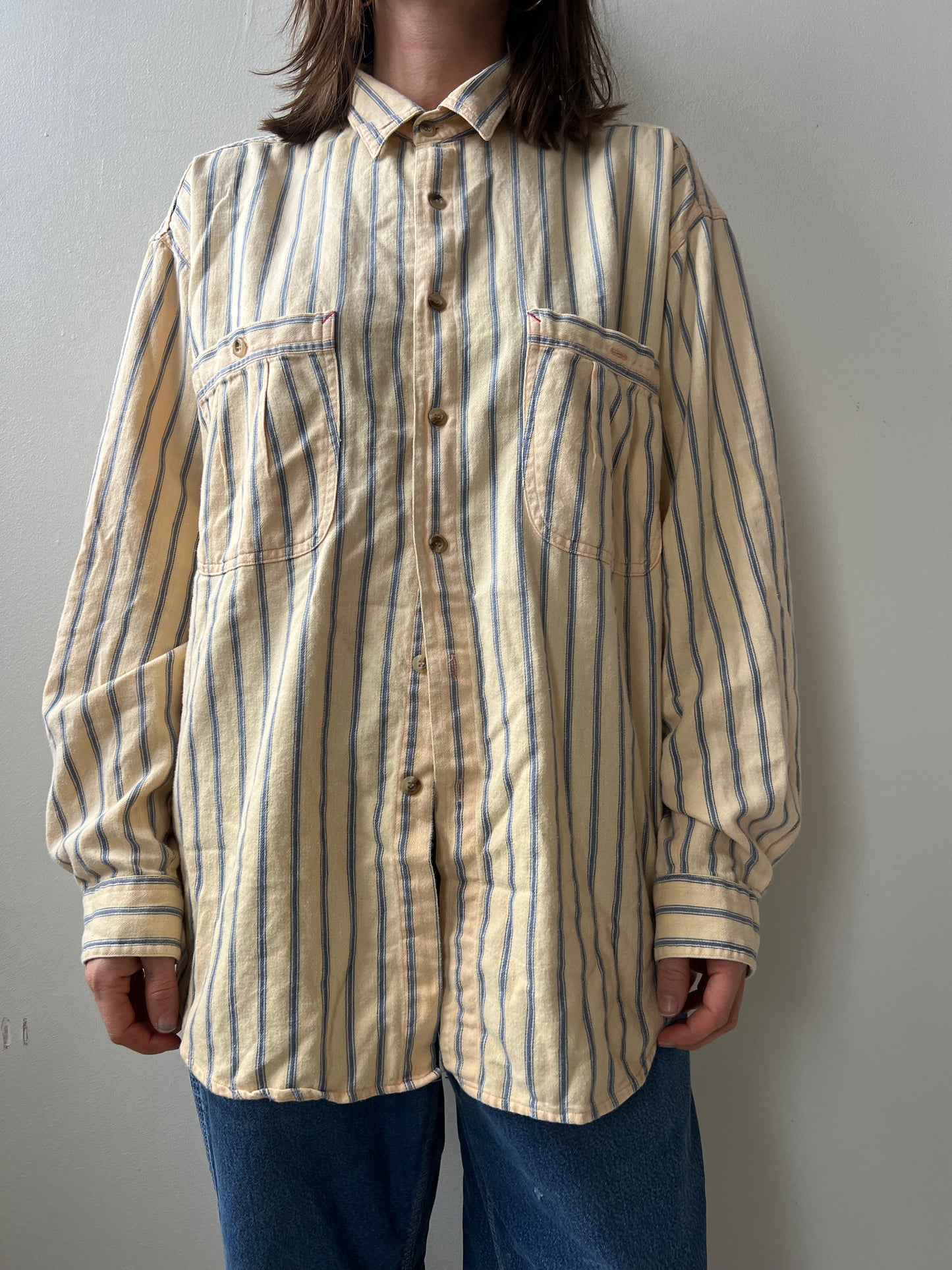 Pinstripe Yellow and Blue Button Up