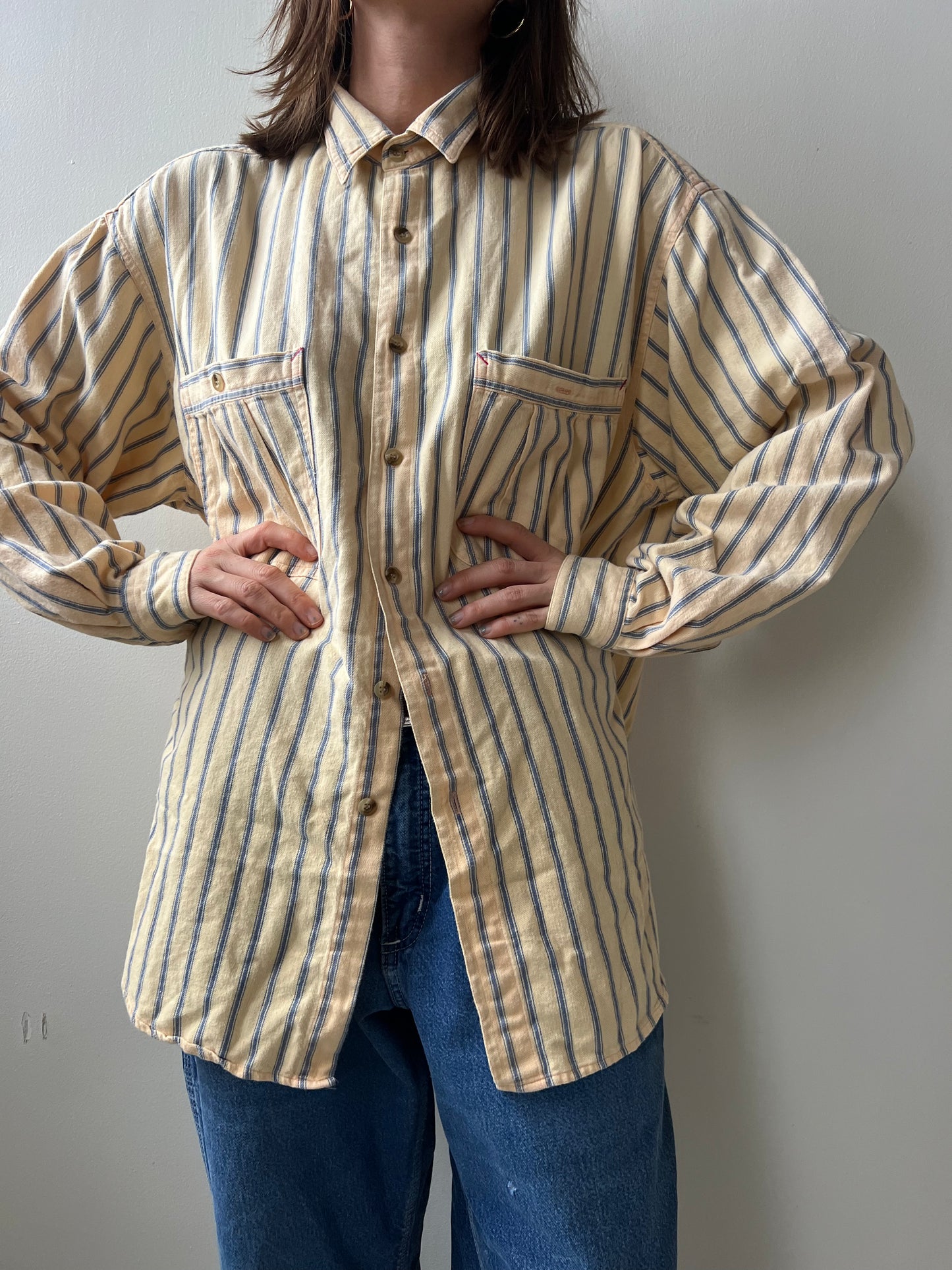 Pinstripe Yellow and Blue Button Up