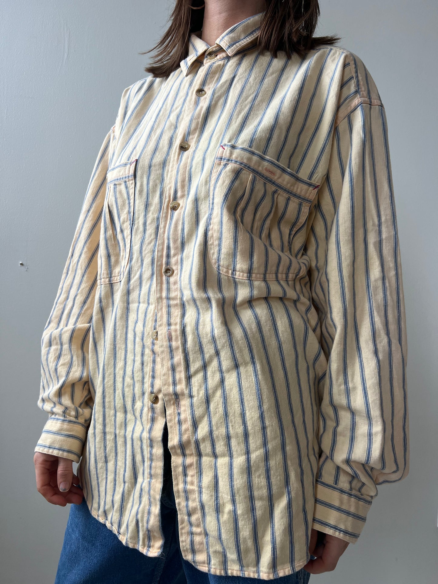 Pinstripe Yellow and Blue Button Up