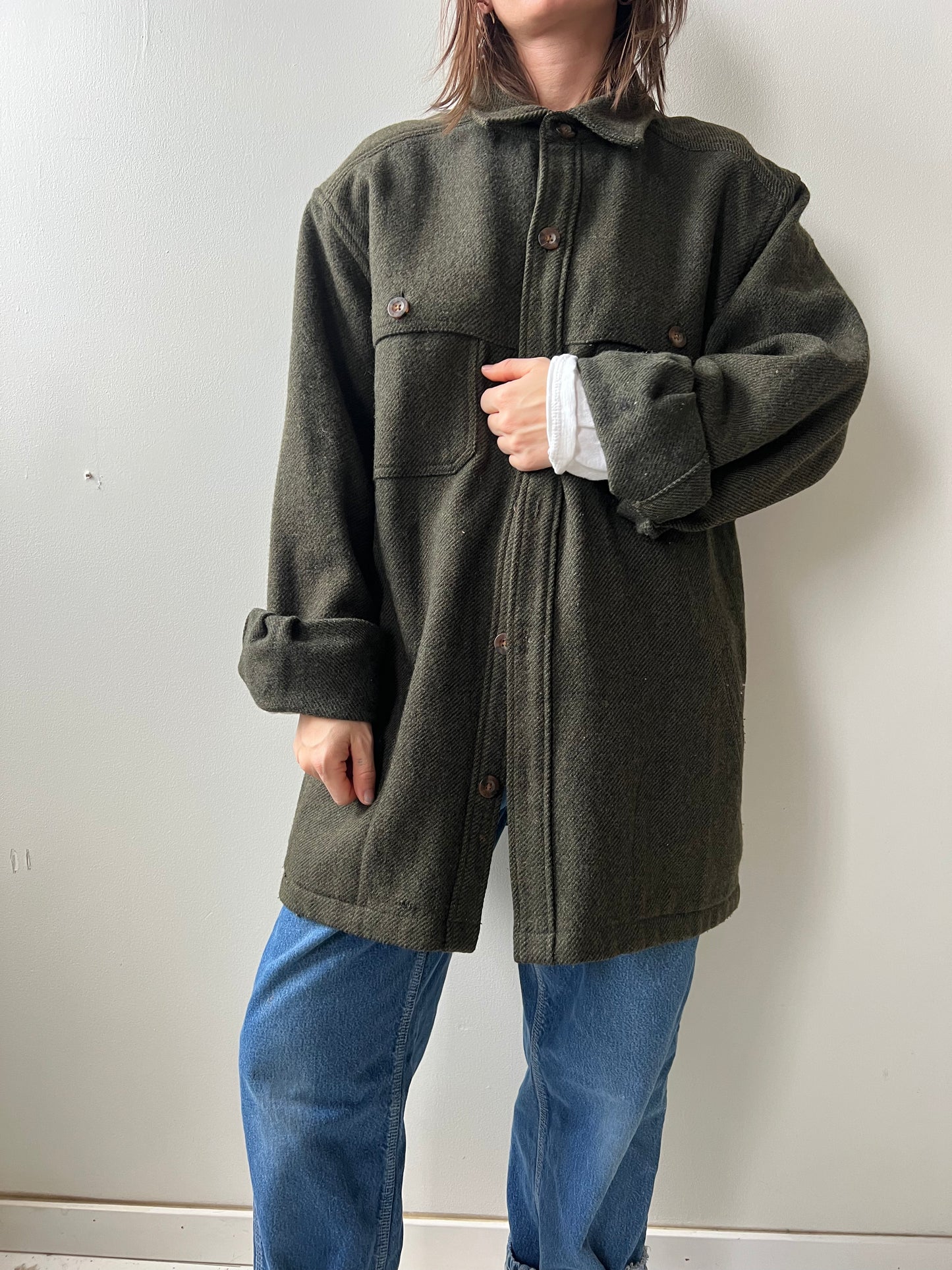 Dark Green Twill Wool Button Up