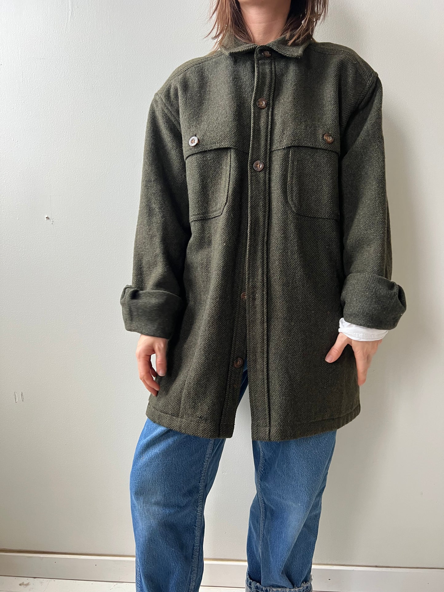 Dark Green Twill Wool Button Up