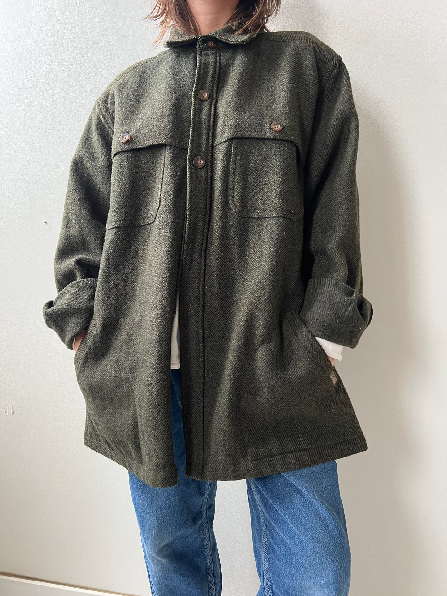 Dark Green Twill Wool Button Up