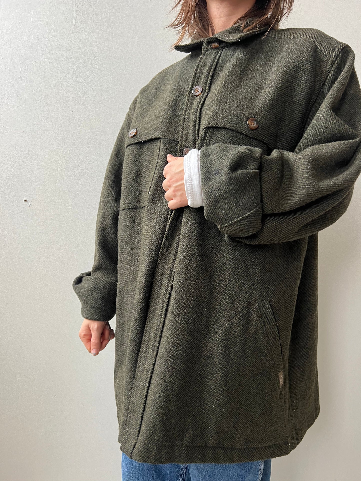 Dark Green Twill Wool Button Up