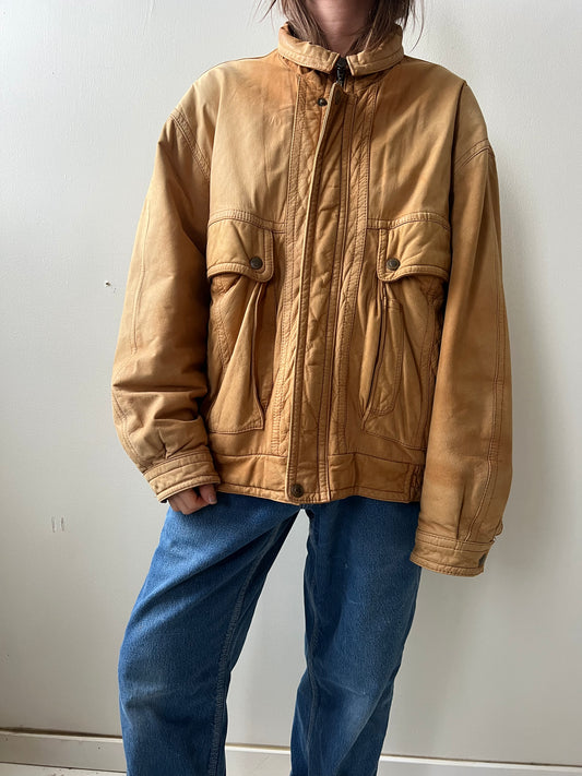 Faded Caramel Leather Bomber Jacket