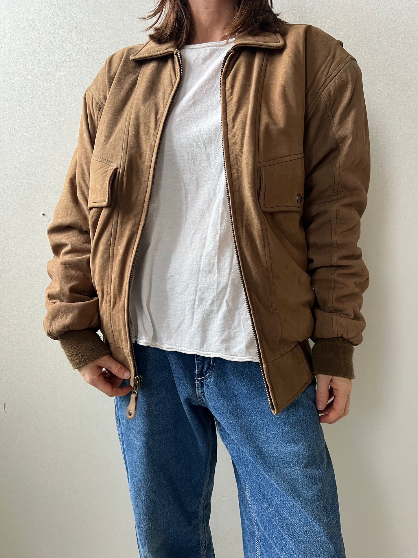 Fawn Suede Leather Bomber Jacket