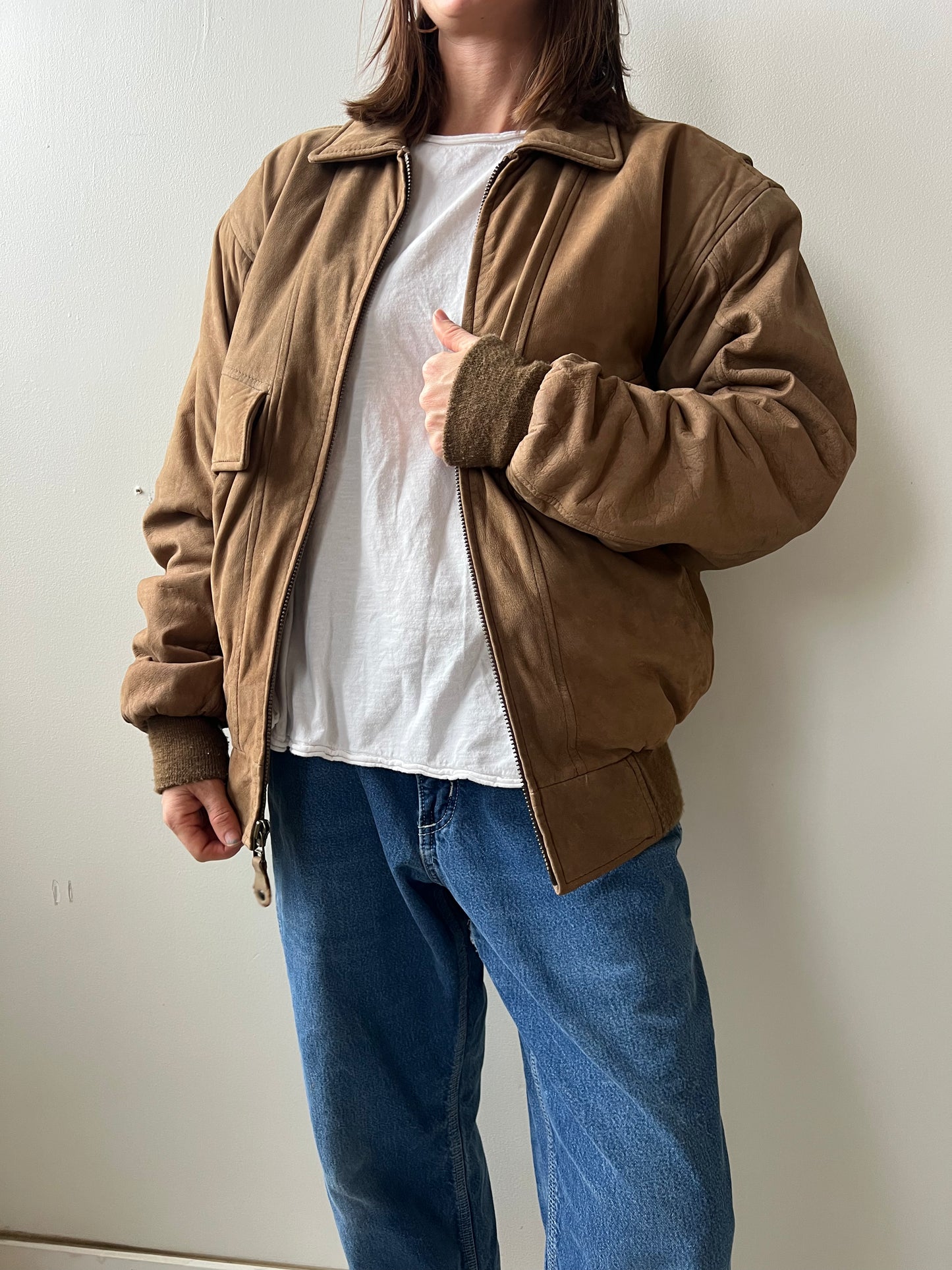 Fawn Suede Leather Bomber Jacket