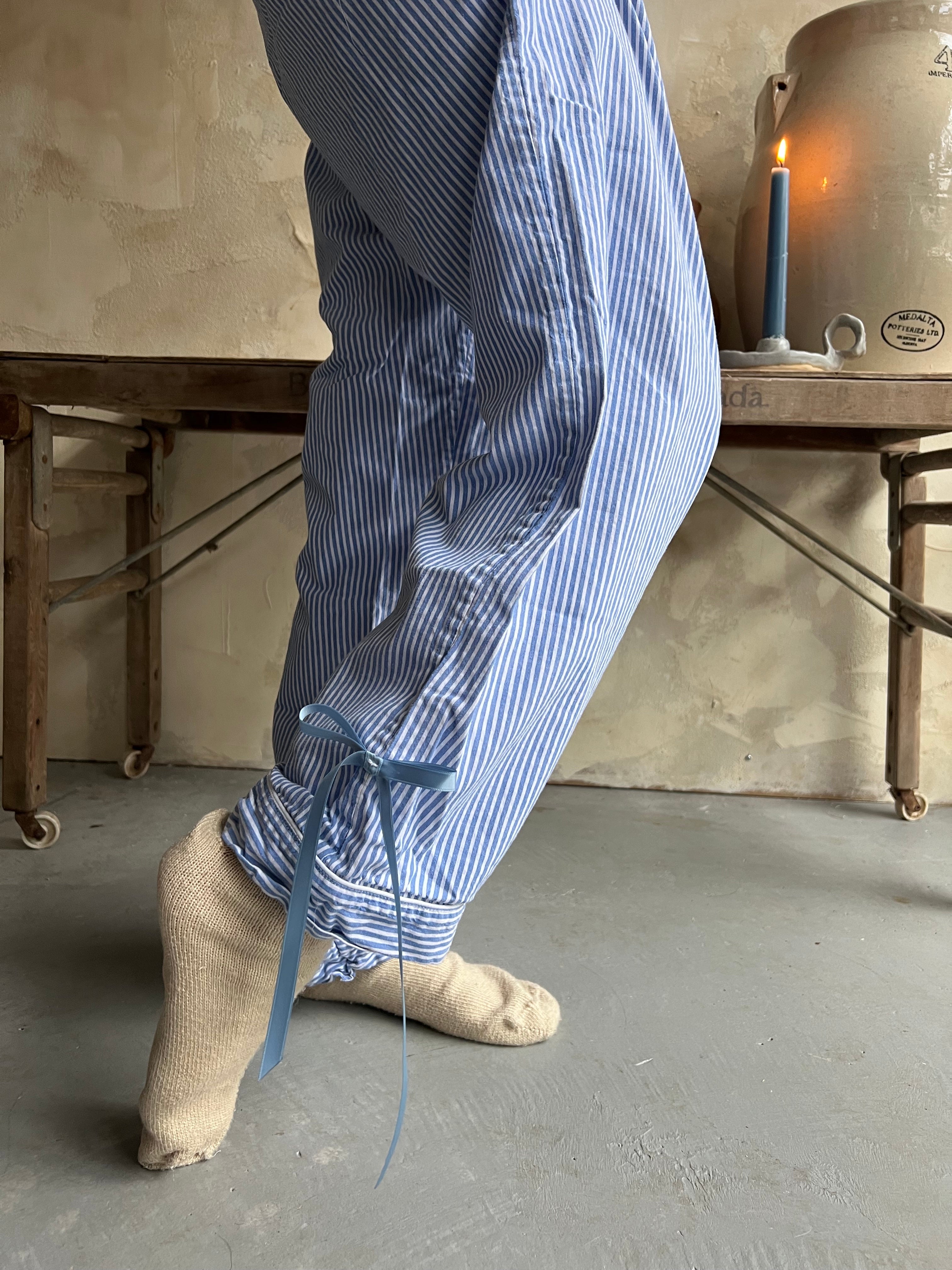 Blue + White Pinstripe Bow PJ Pants