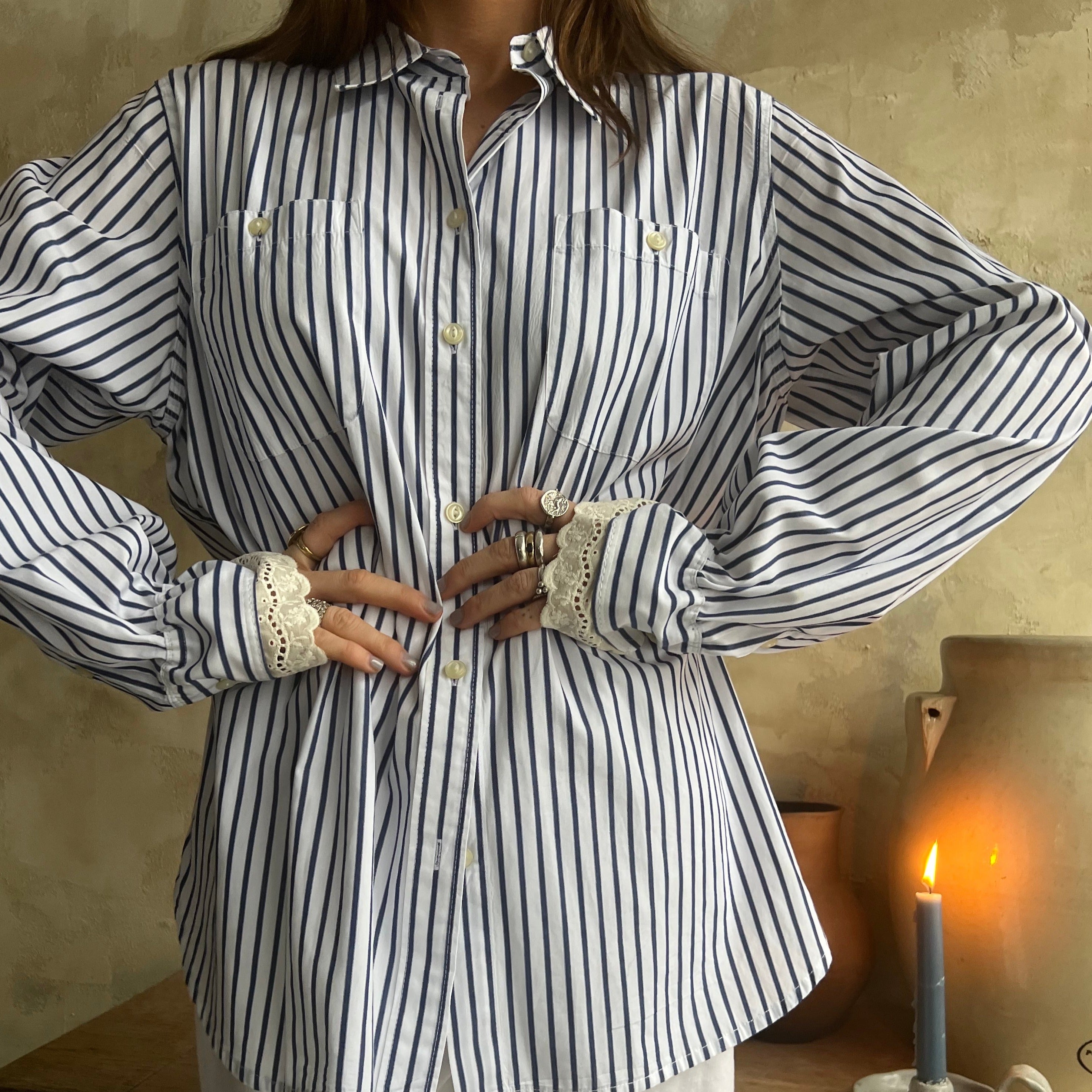 Reworked Navy Pinstriped Button Up