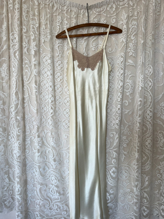 1930s Ivory Satin Slip with Taupe Lace