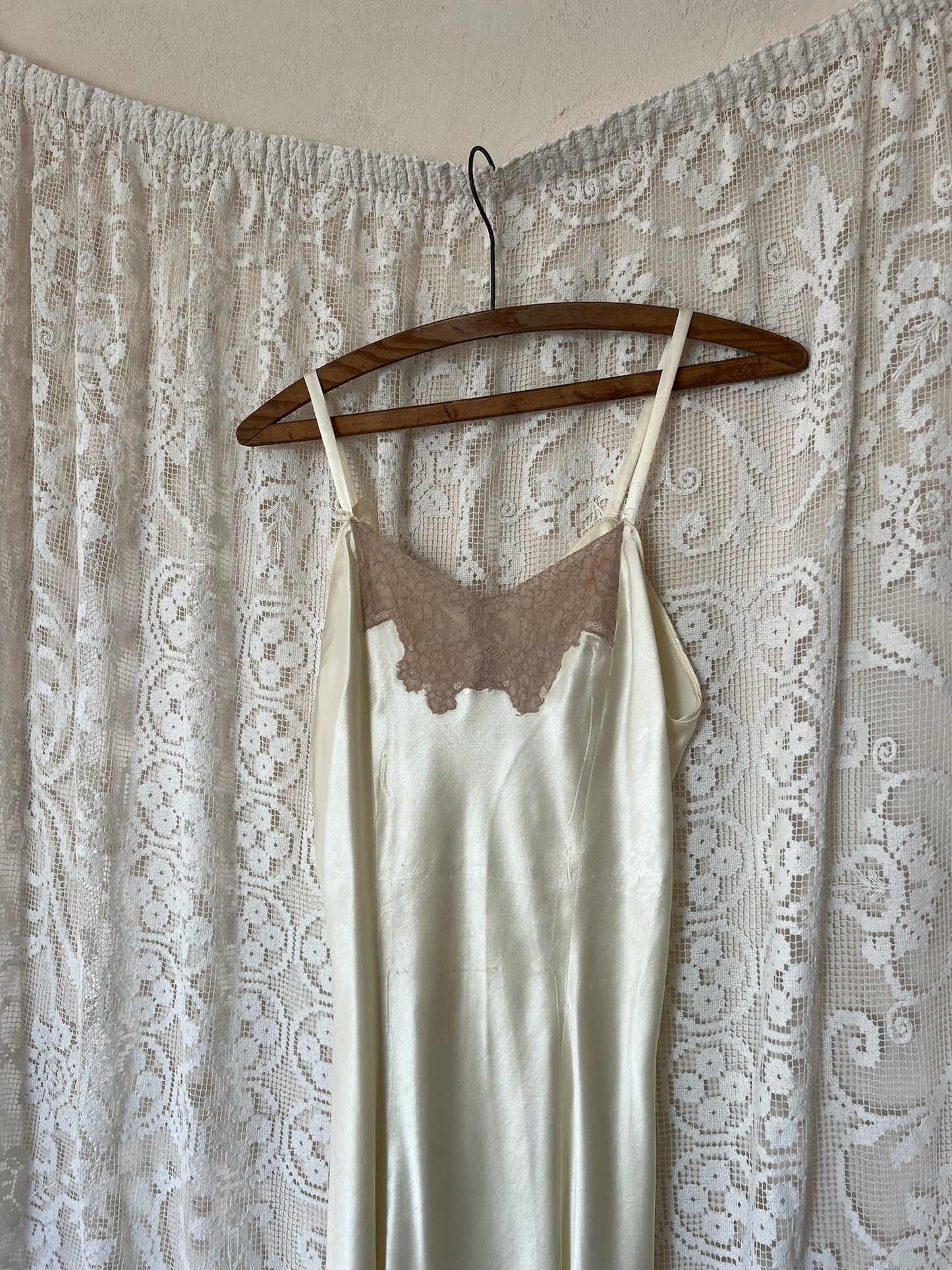 1930s Ivory Satin Slip with Taupe Lace
