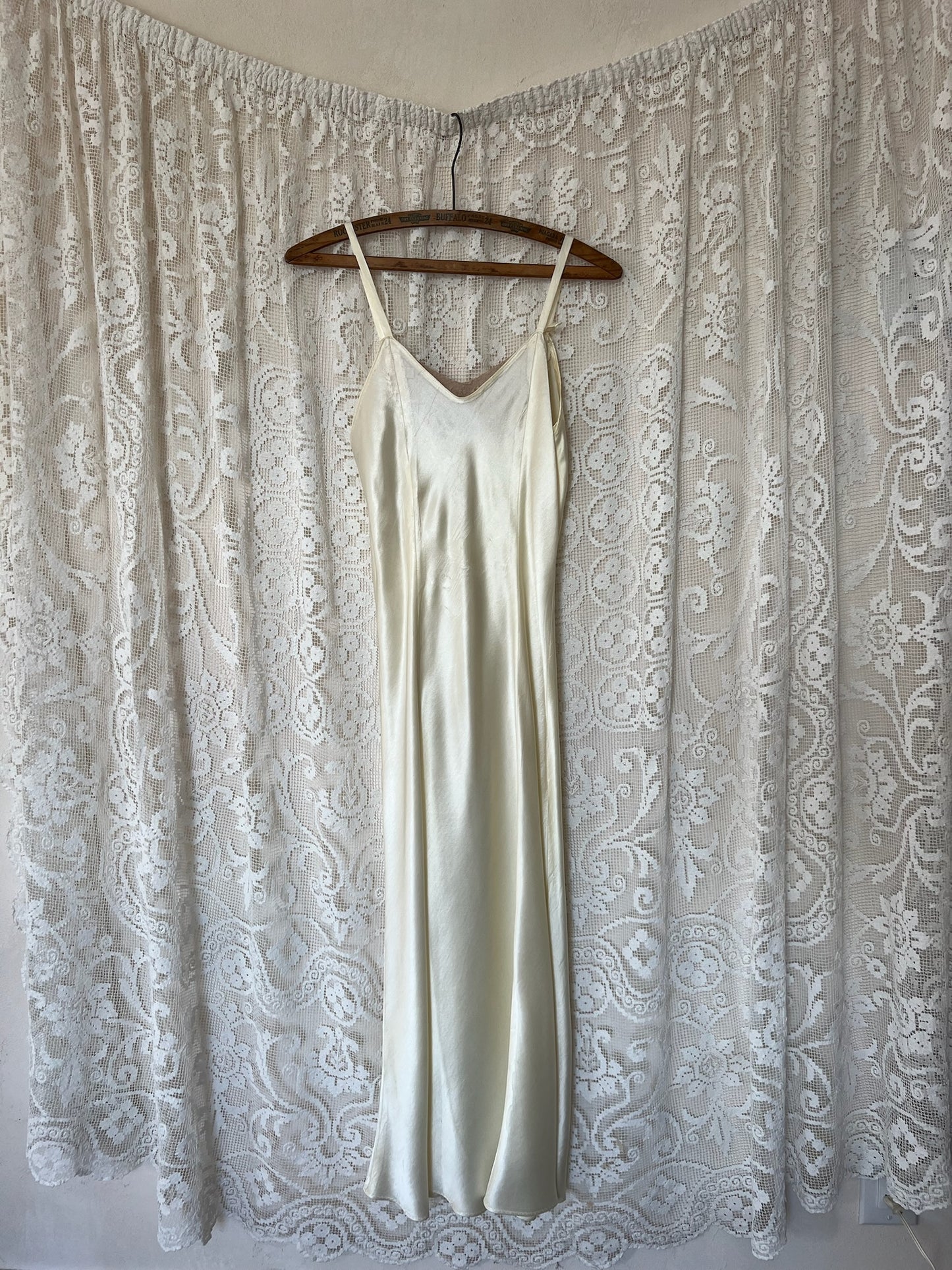 1930s Ivory Satin Slip with Taupe Lace