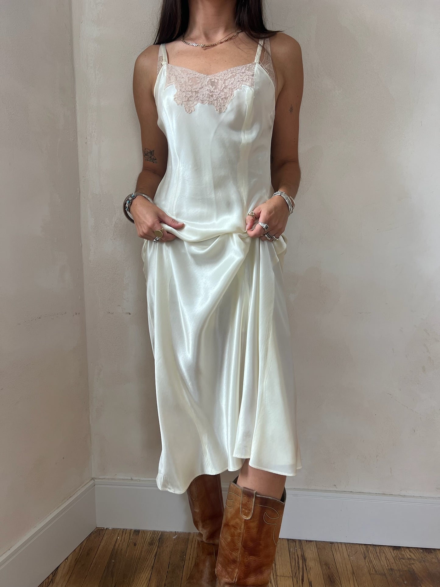 1930s Ivory Satin Slip with Taupe Lace