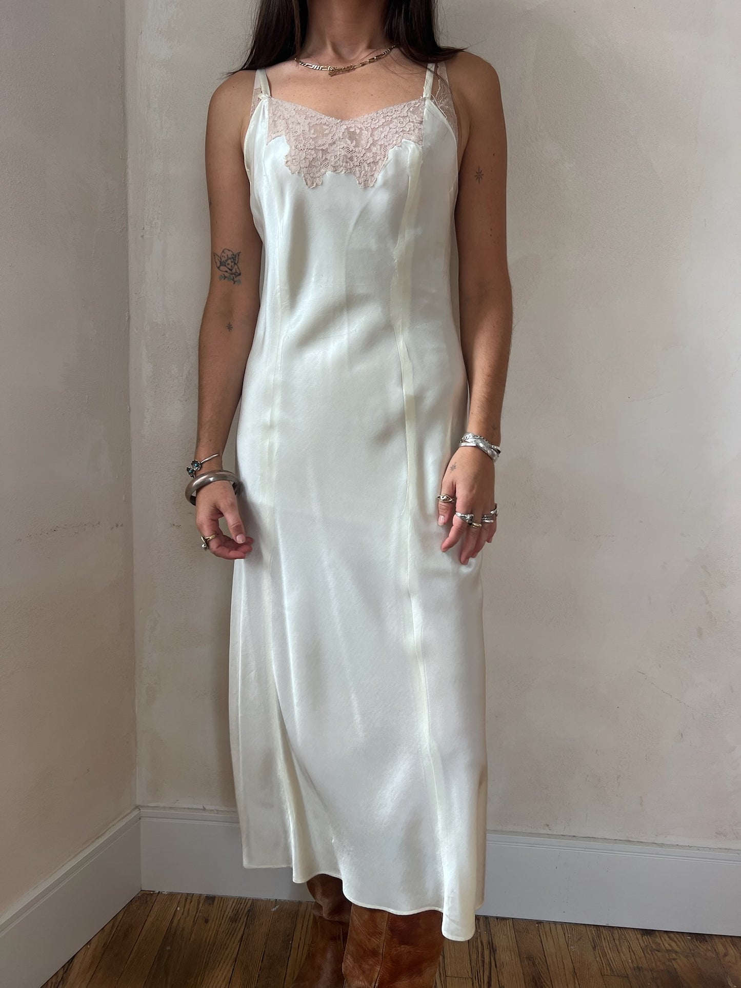 1930s Ivory Satin Slip with Taupe Lace