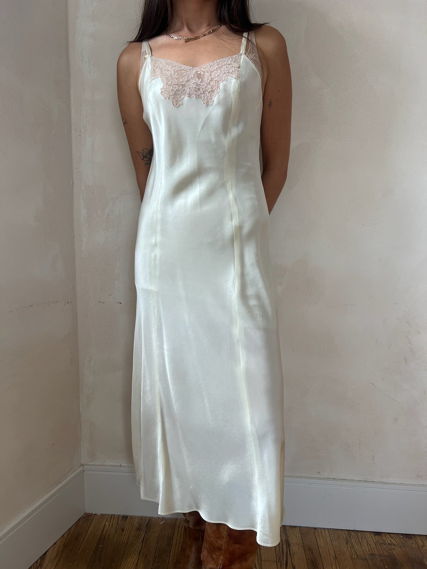 1930s Ivory Satin Slip with Taupe Lace